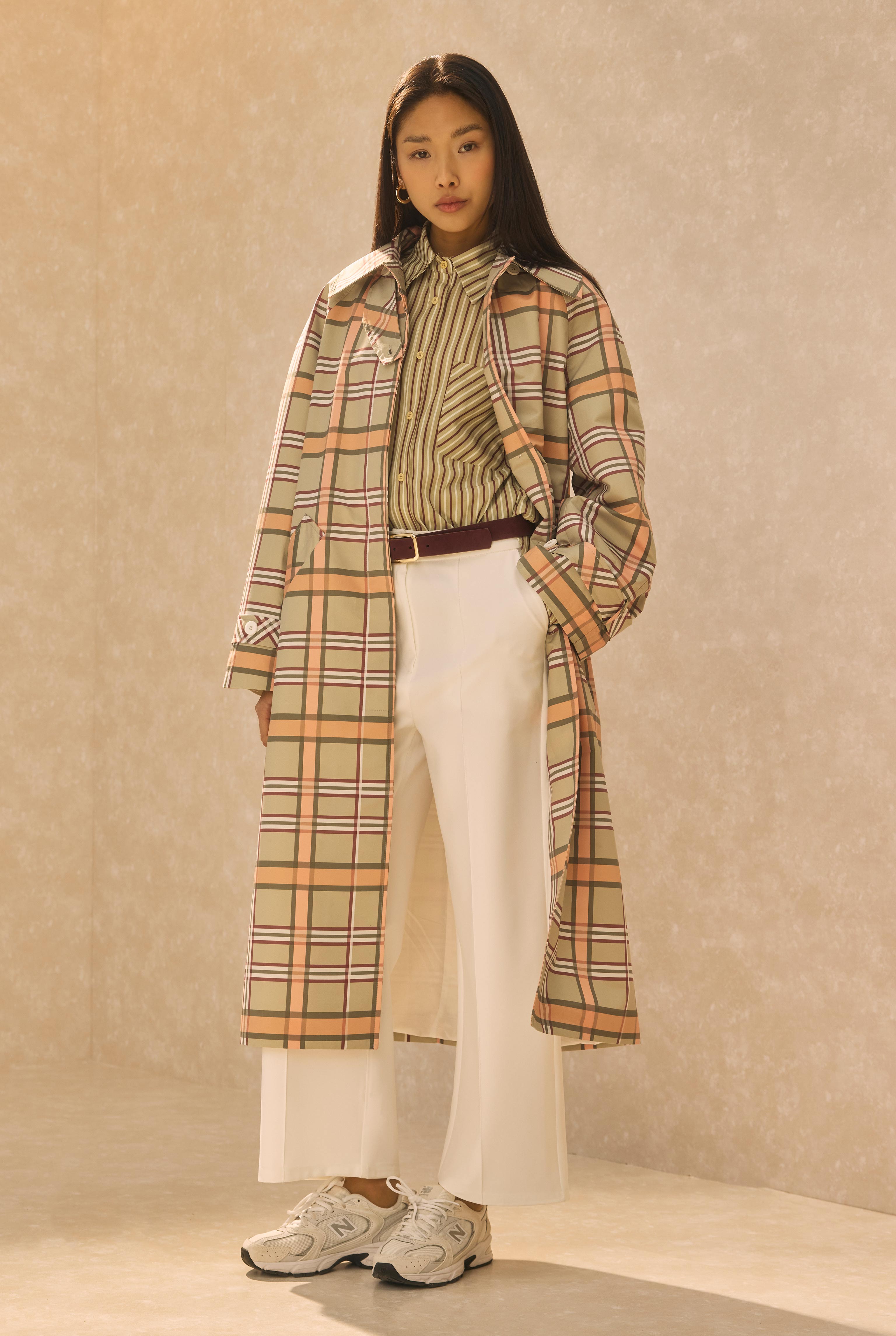 Plaid Patterned Trenchcoat Sage Green - 2