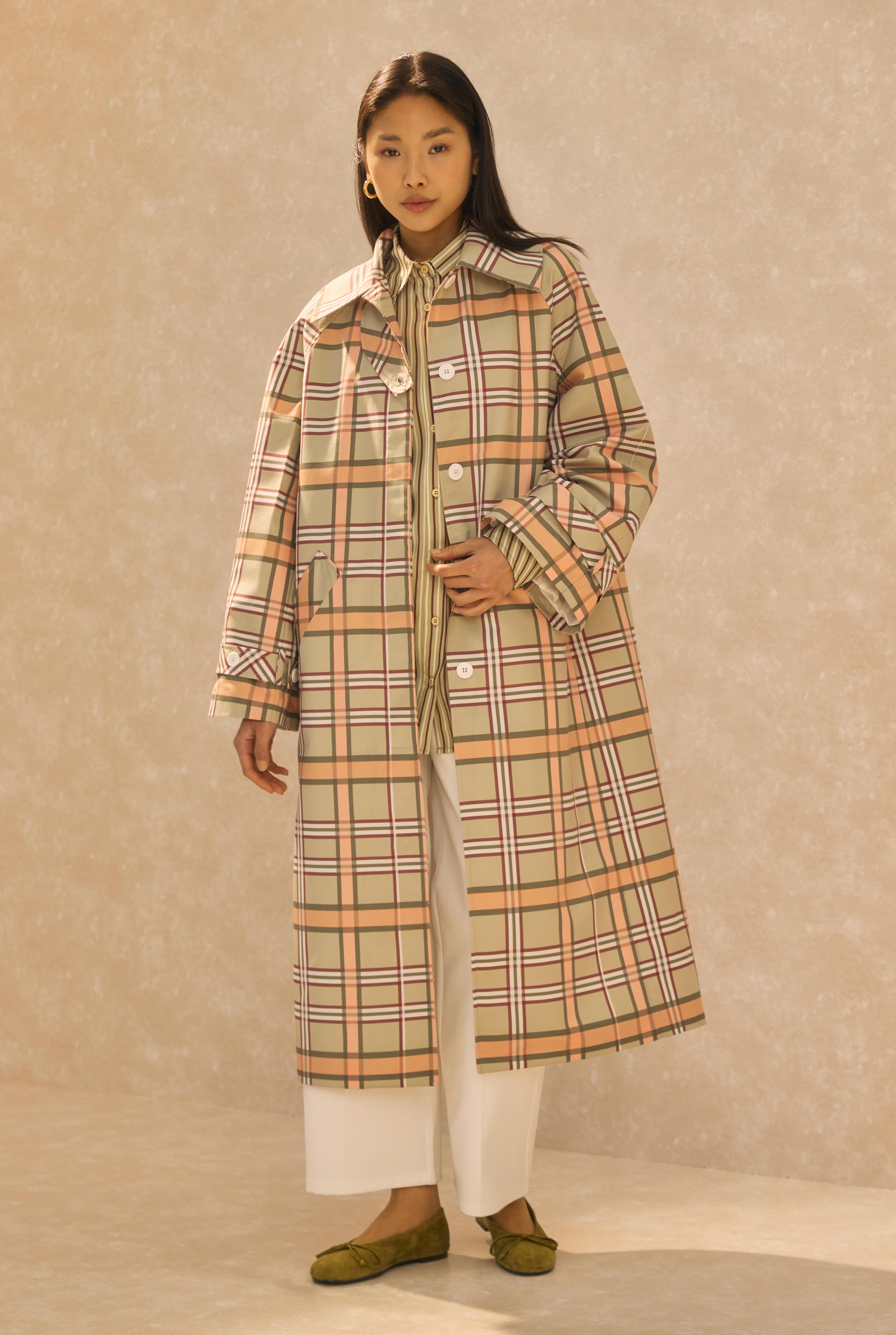 Plaid Patterned Trenchcoat Sage Green - 4