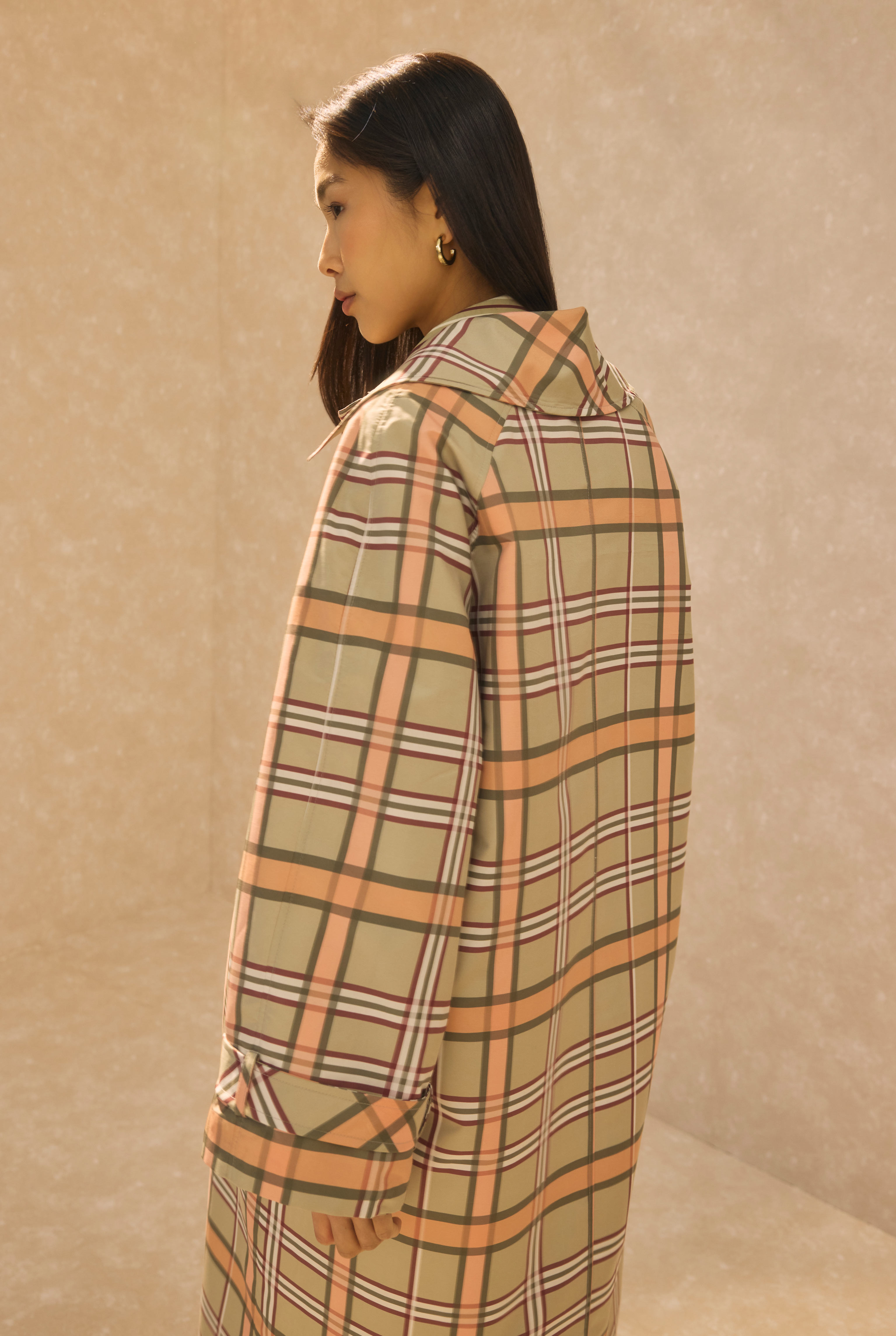 Plaid Patterned Trenchcoat Sage Green - 5