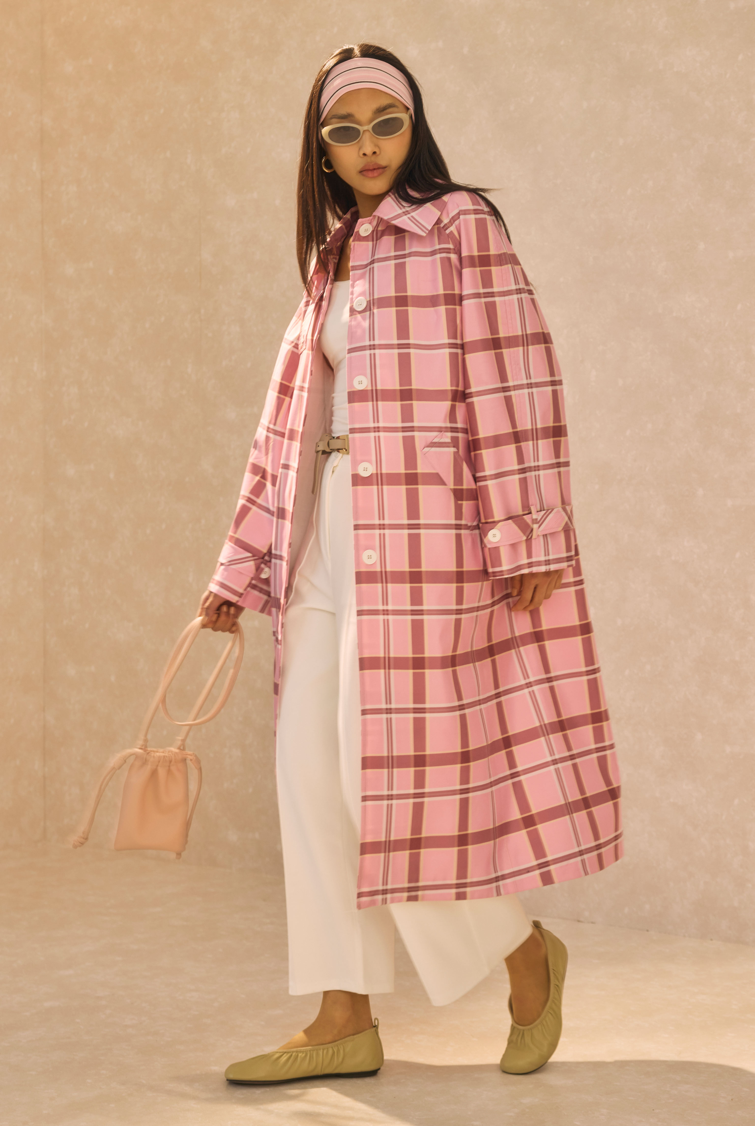 Plaid Patterned Trenchcoat Powder Pink - 2
