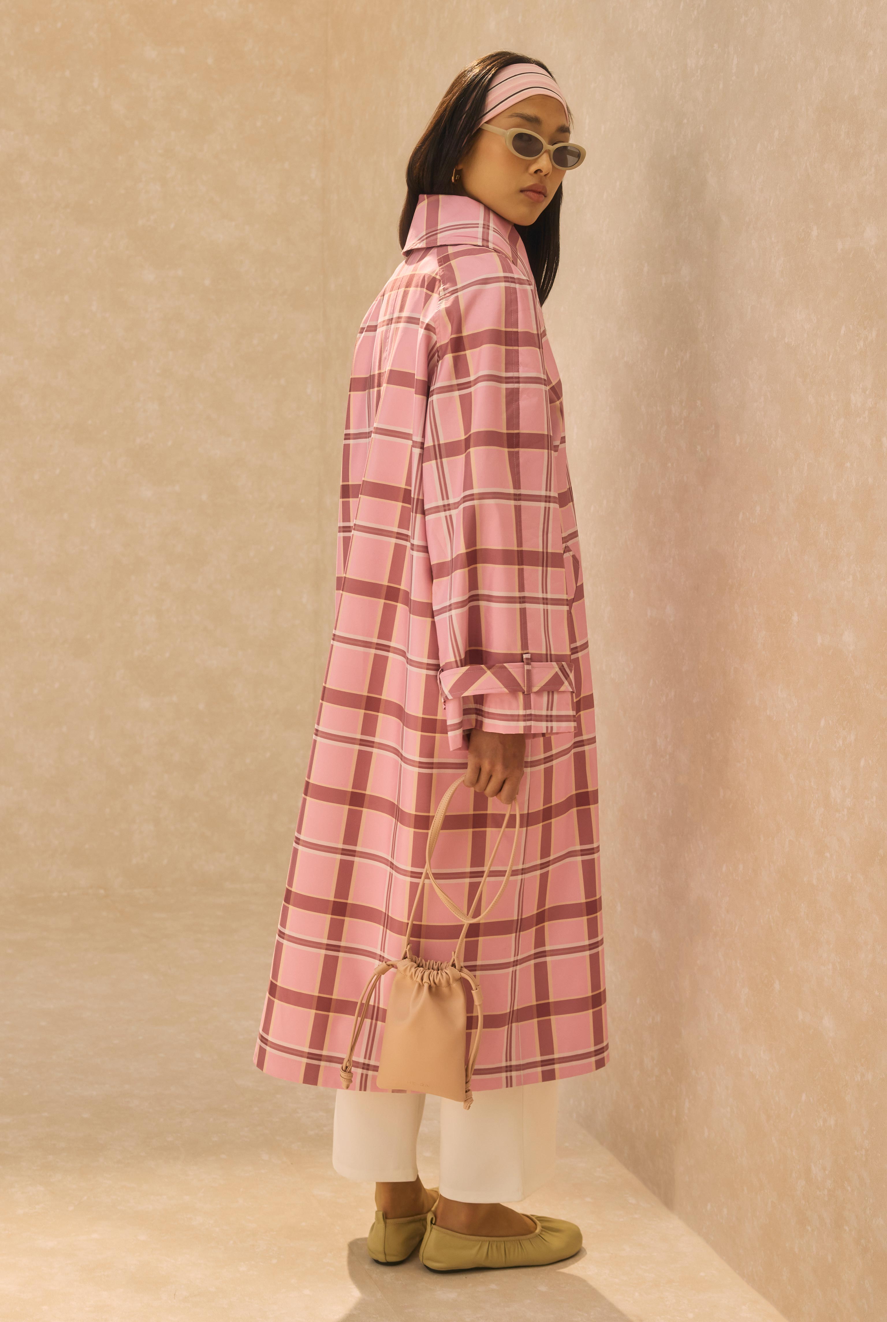 Plaid Patterned Trenchcoat Powder Pink - 3