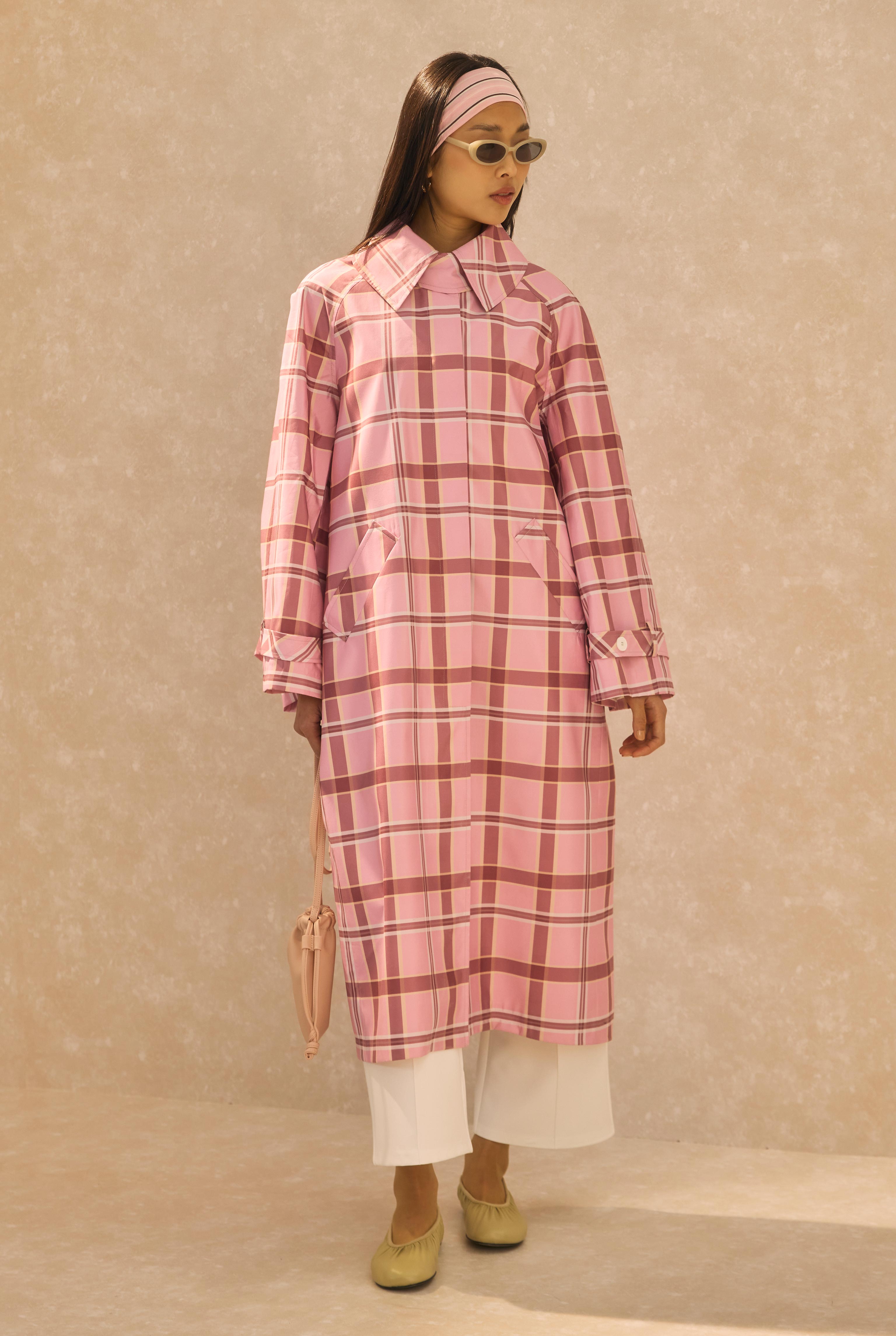 Plaid Patterned Trenchcoat Powder Pink - 1