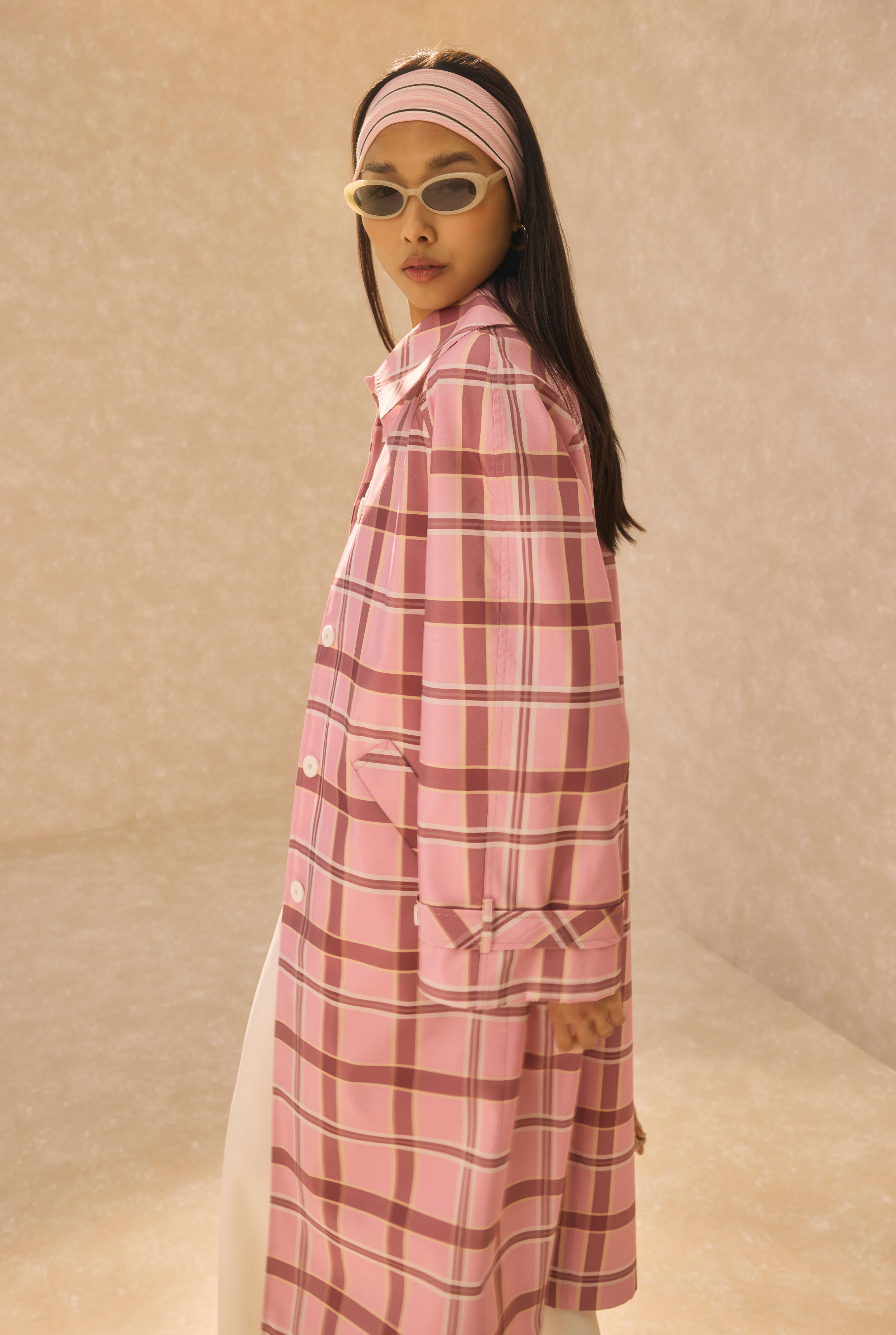 Plaid Patterned Trenchcoat Powder Pink - 5