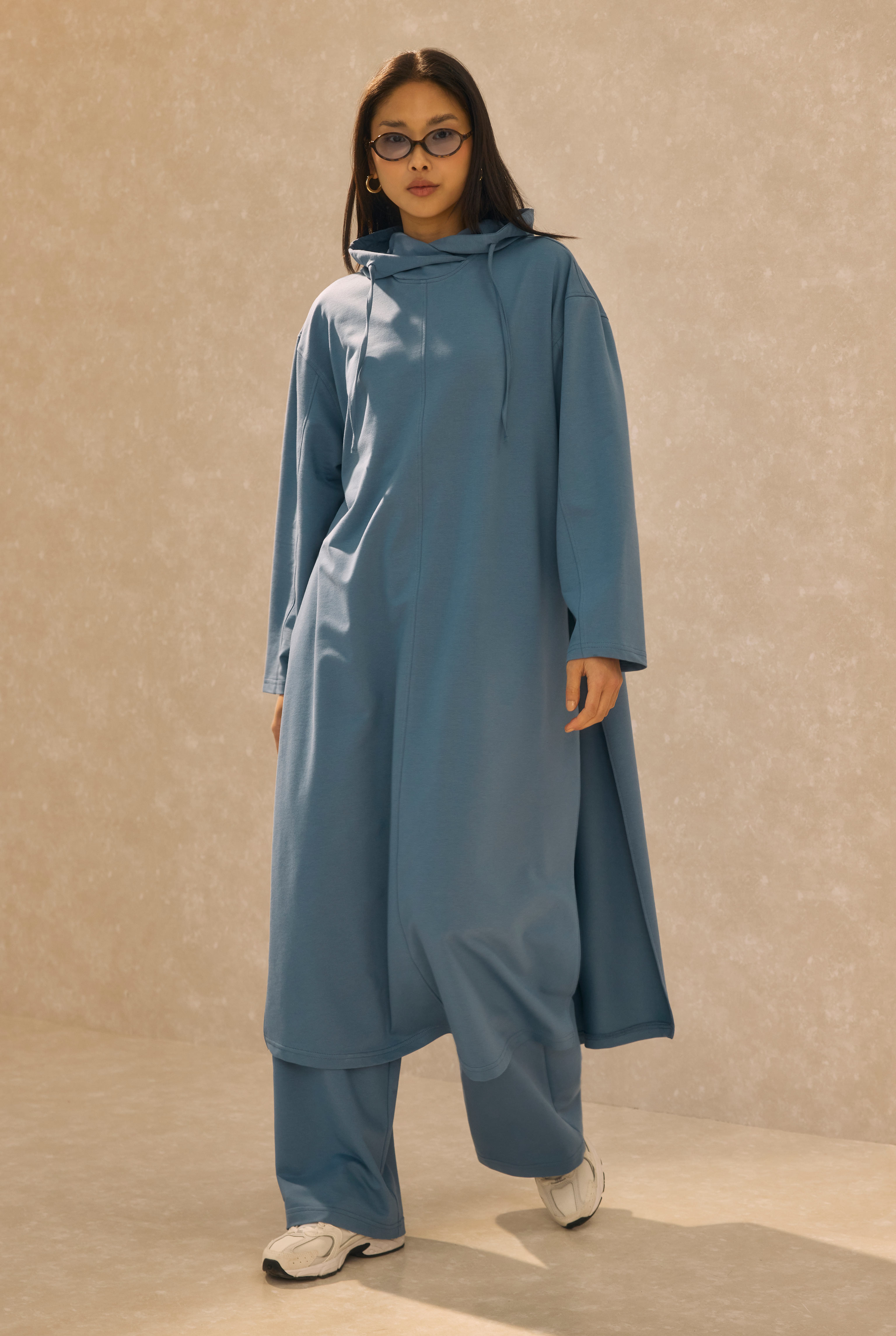 Long Hooded Sweatshirt Denim Blue - 1