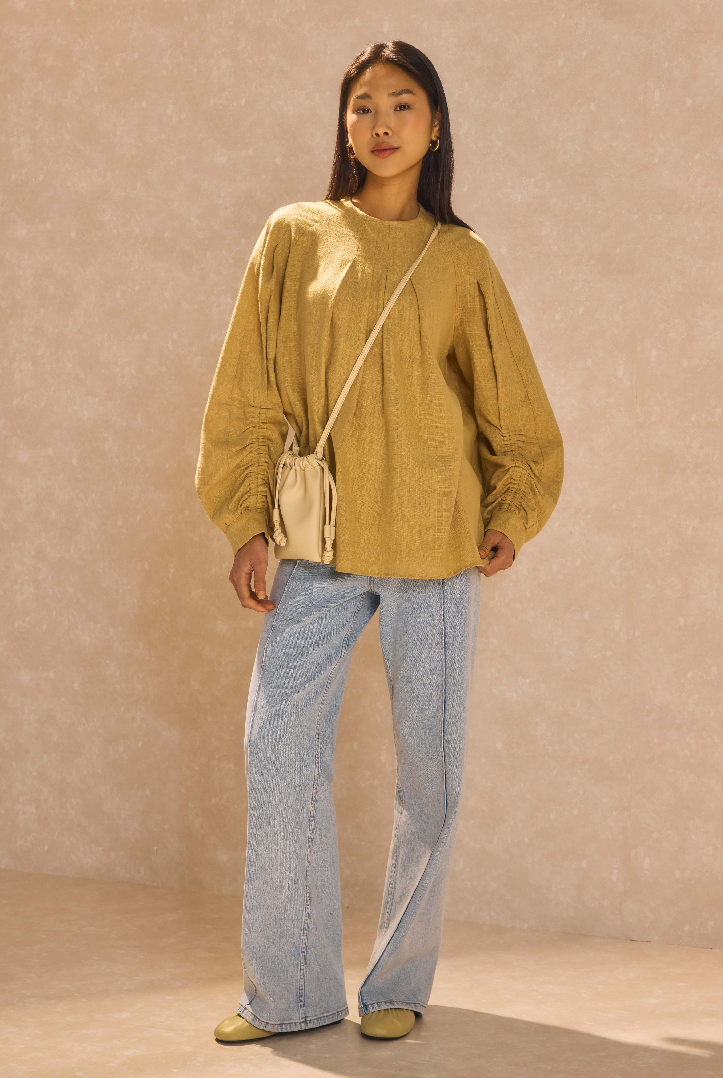 Ruched Sleeve Detailed Cotton Linen Shirt Light Camel - HE-QA