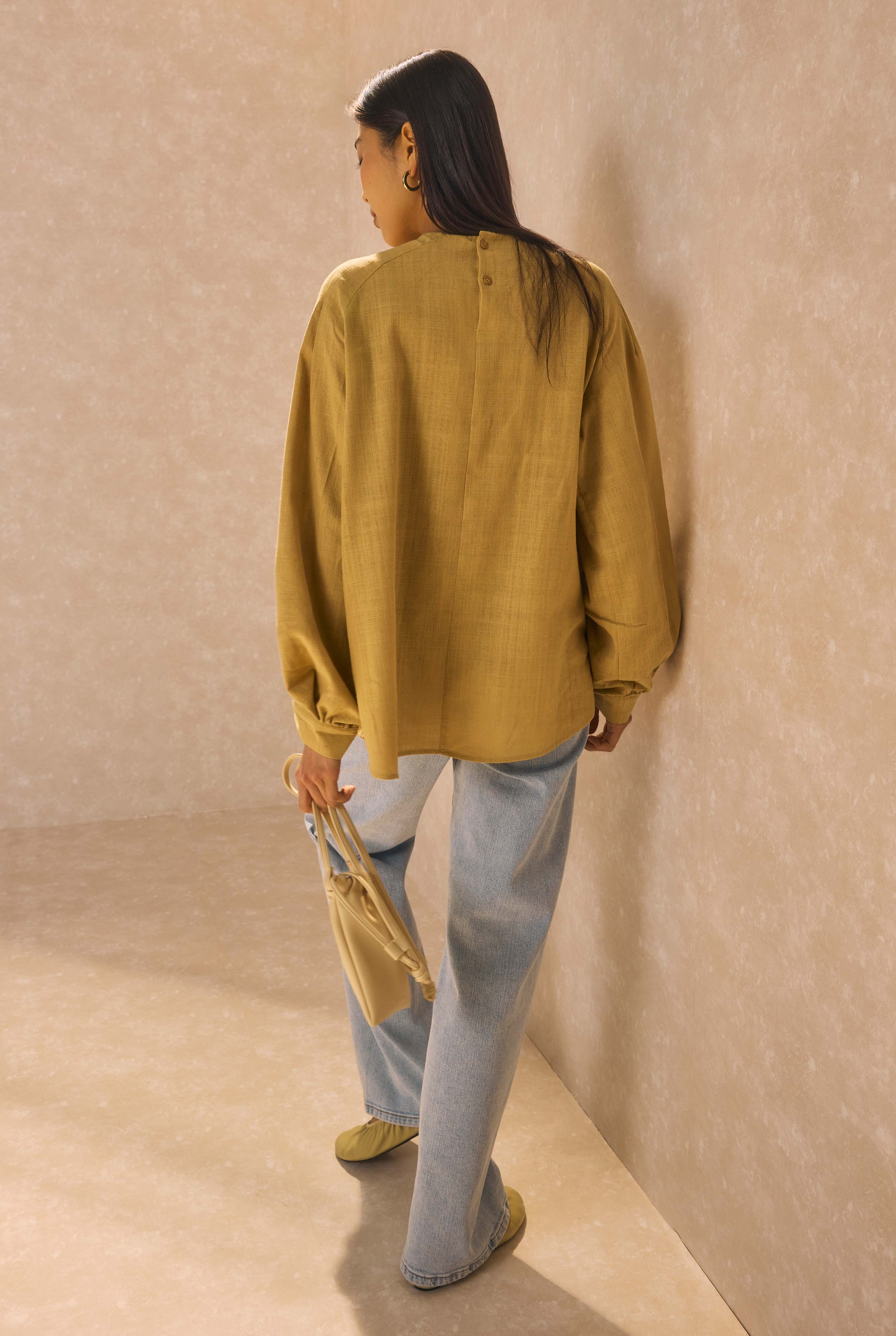 Ruched Sleeve Detailed Cotton Linen Shirt Light Camel - 5