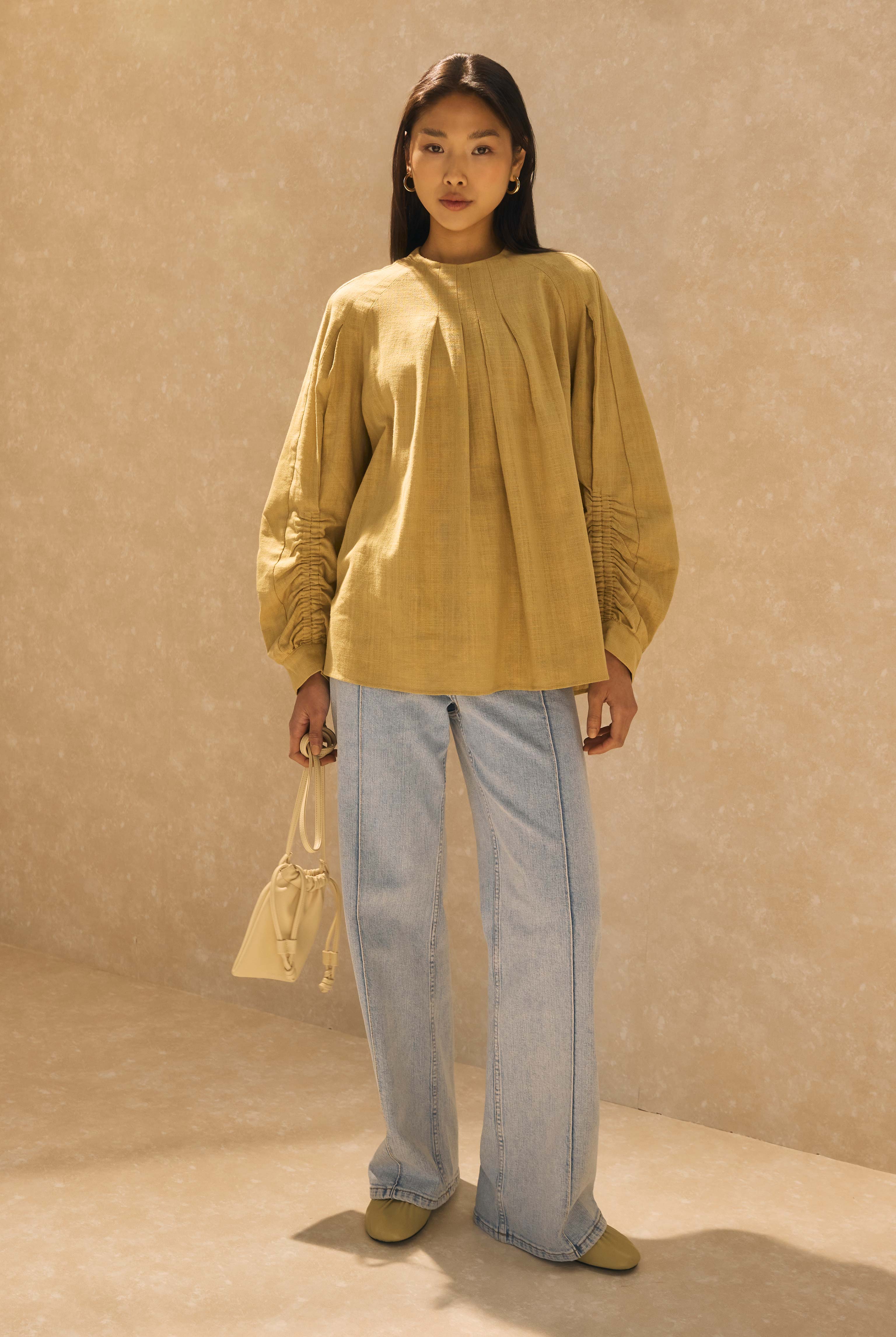 Ruched Sleeve Detailed Cotton Linen Shirt Light Camel - 2