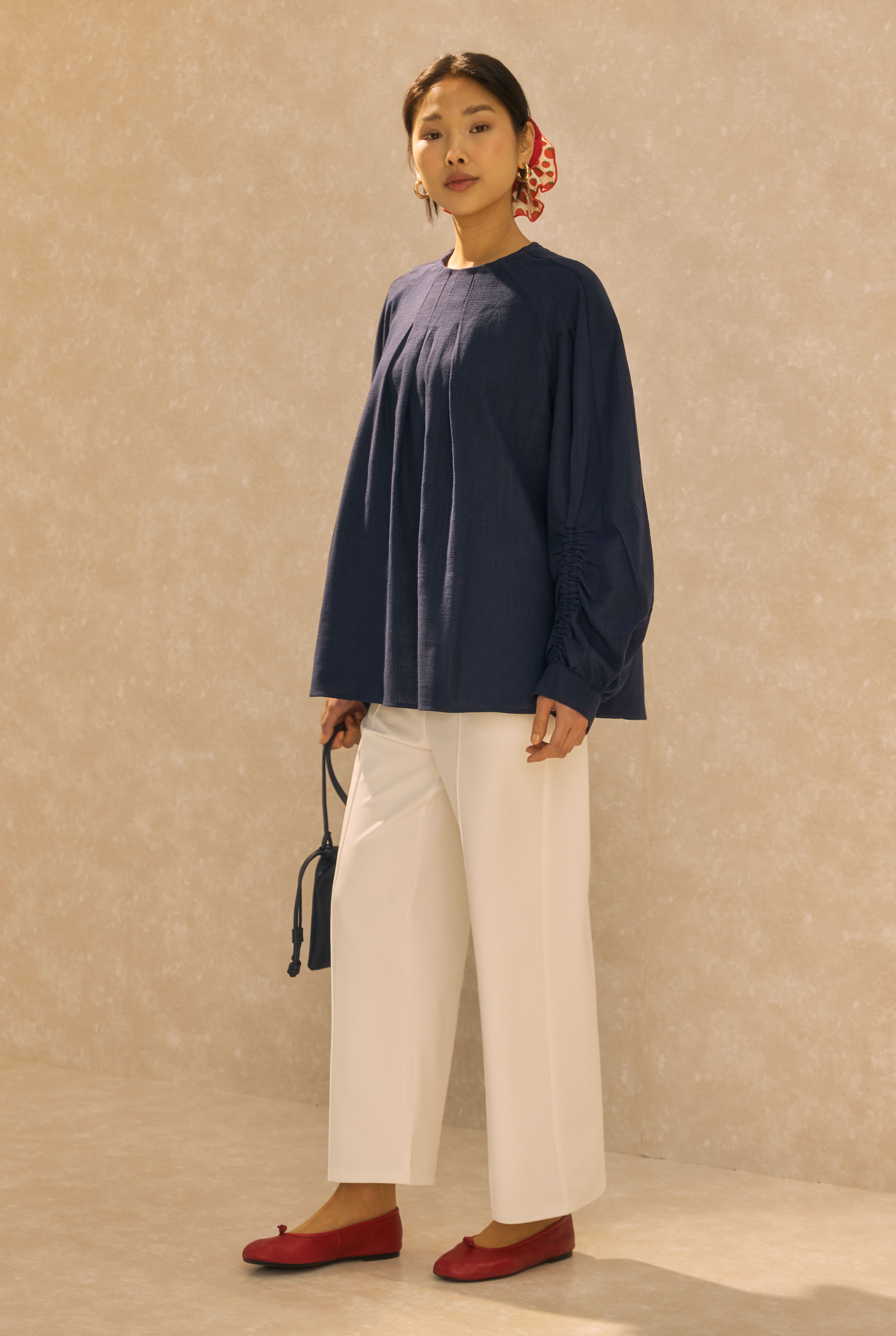 Ruched Sleeve Detailed Cotton Linen Shirt Midnight Blue - 2