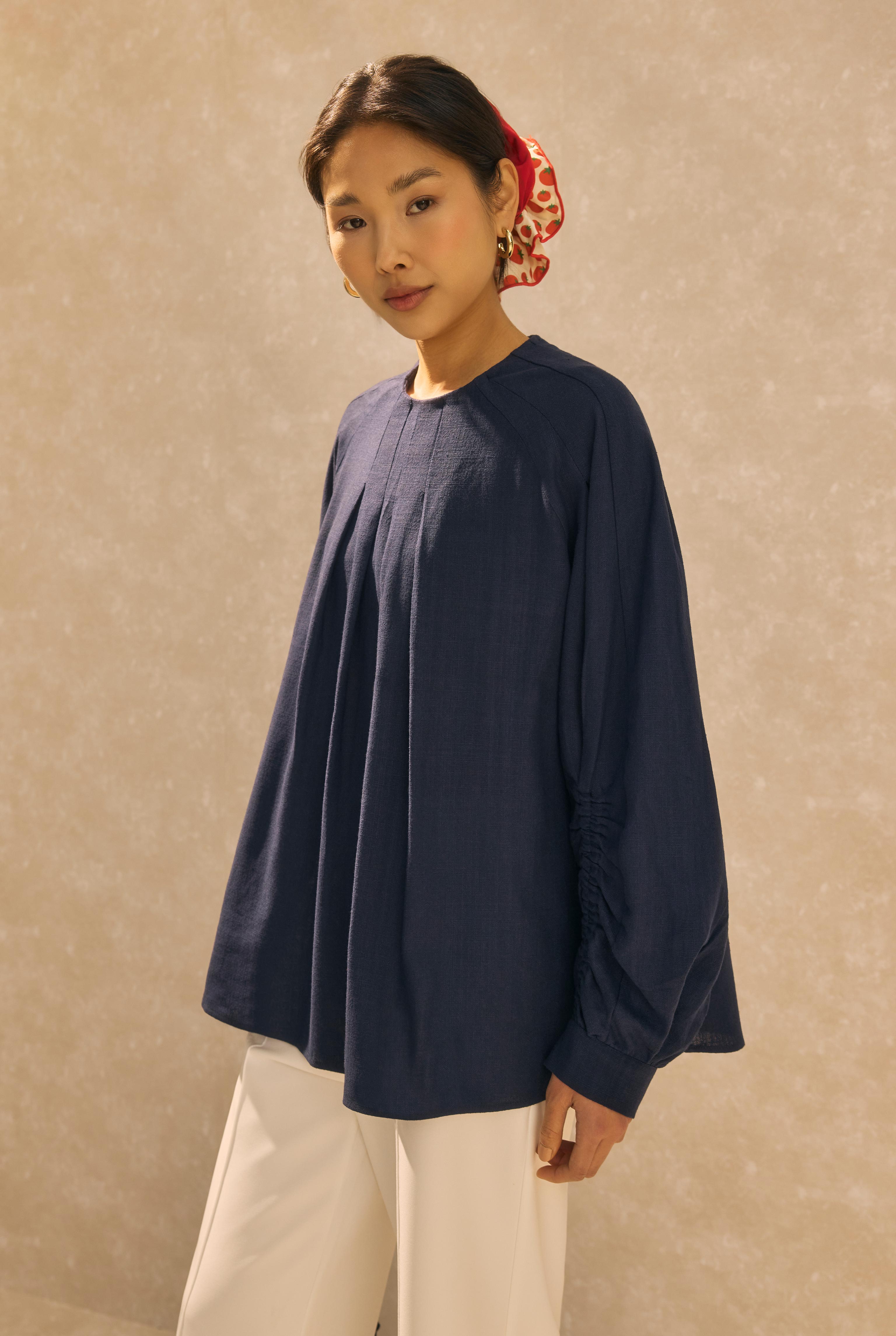 Ruched Sleeve Detailed Cotton Linen Shirt Midnight Blue - 3
