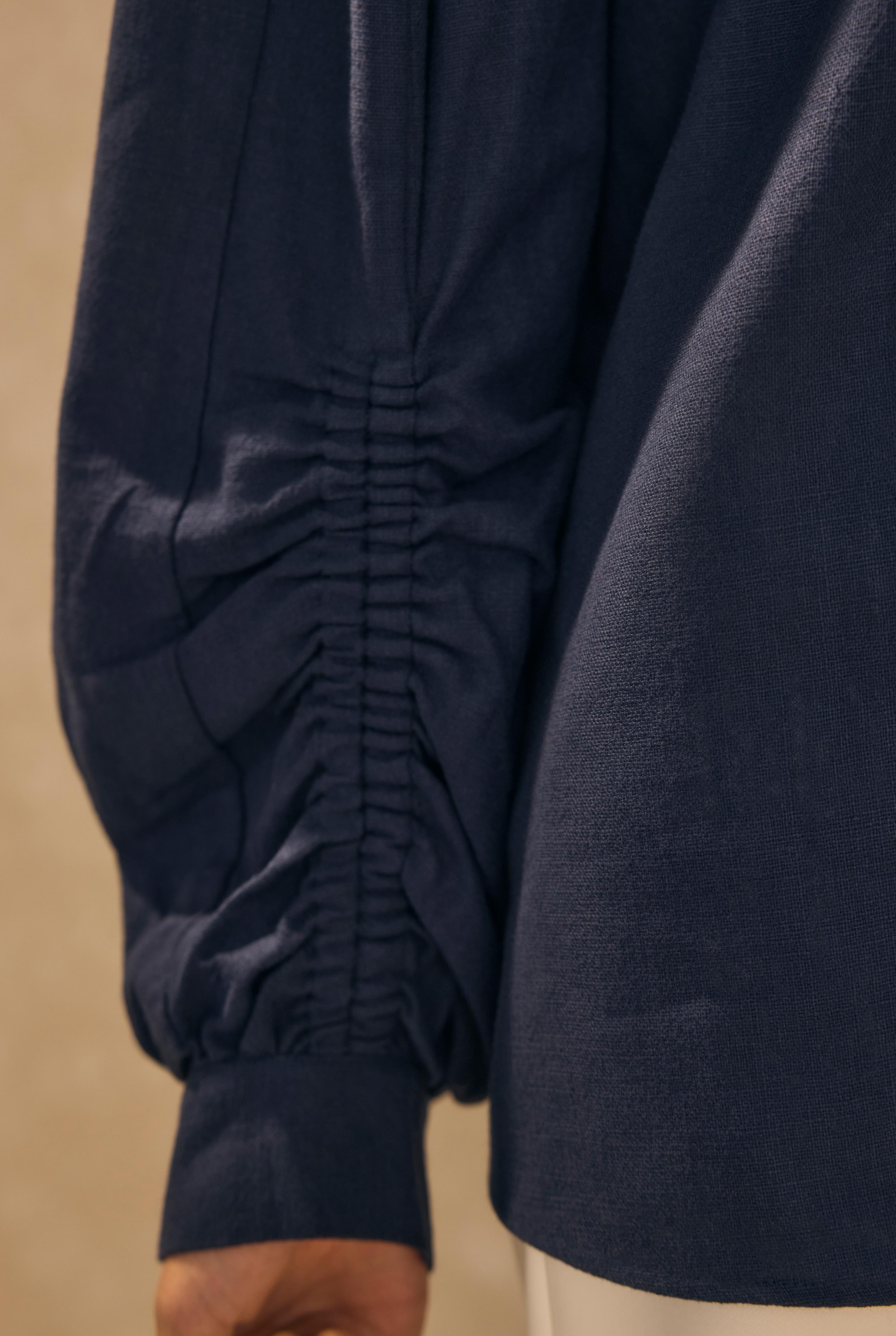 Ruched Sleeve Detailed Cotton Linen Shirt Midnight Blue - 4