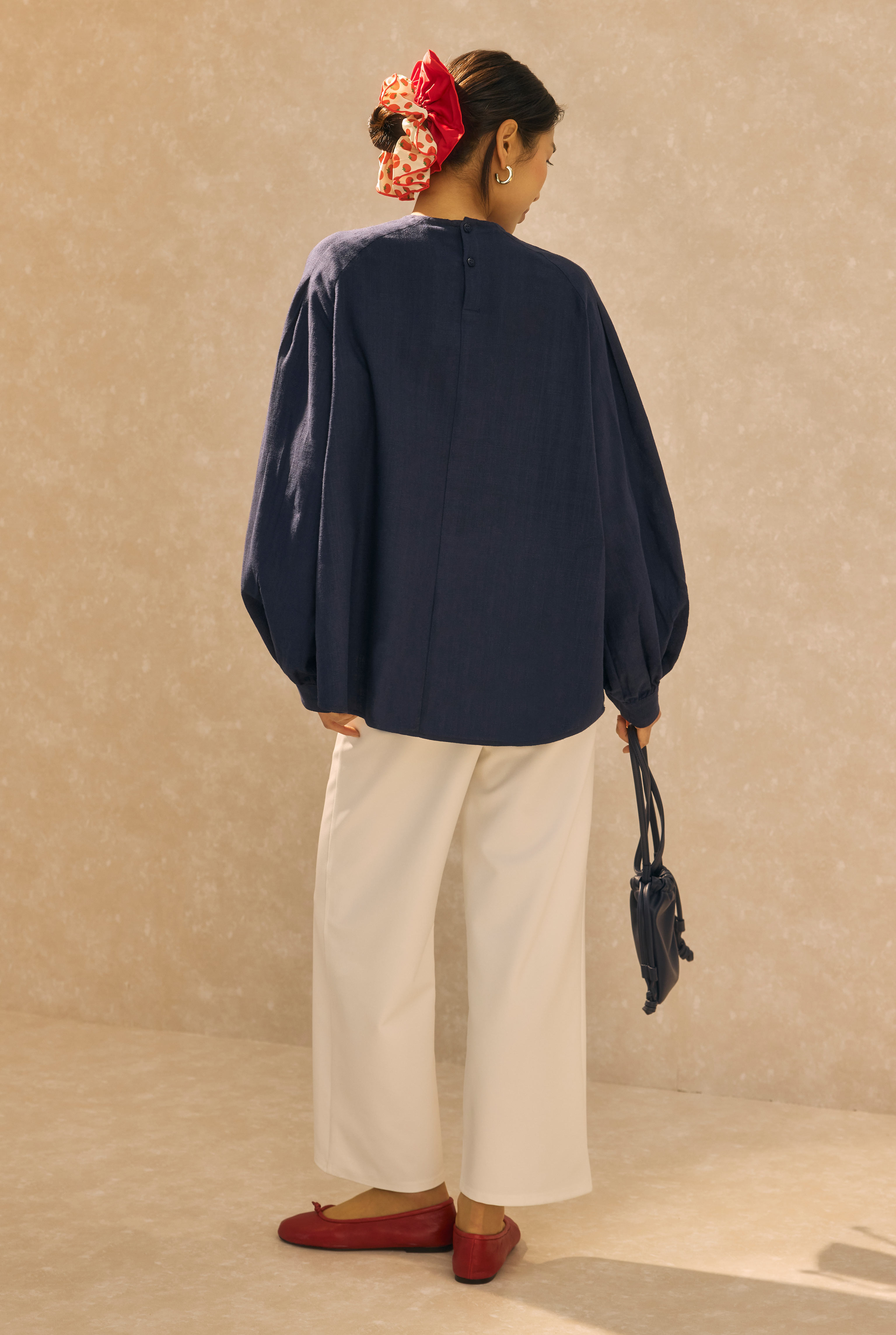 Ruched Sleeve Detailed Cotton Linen Shirt Midnight Blue - 5