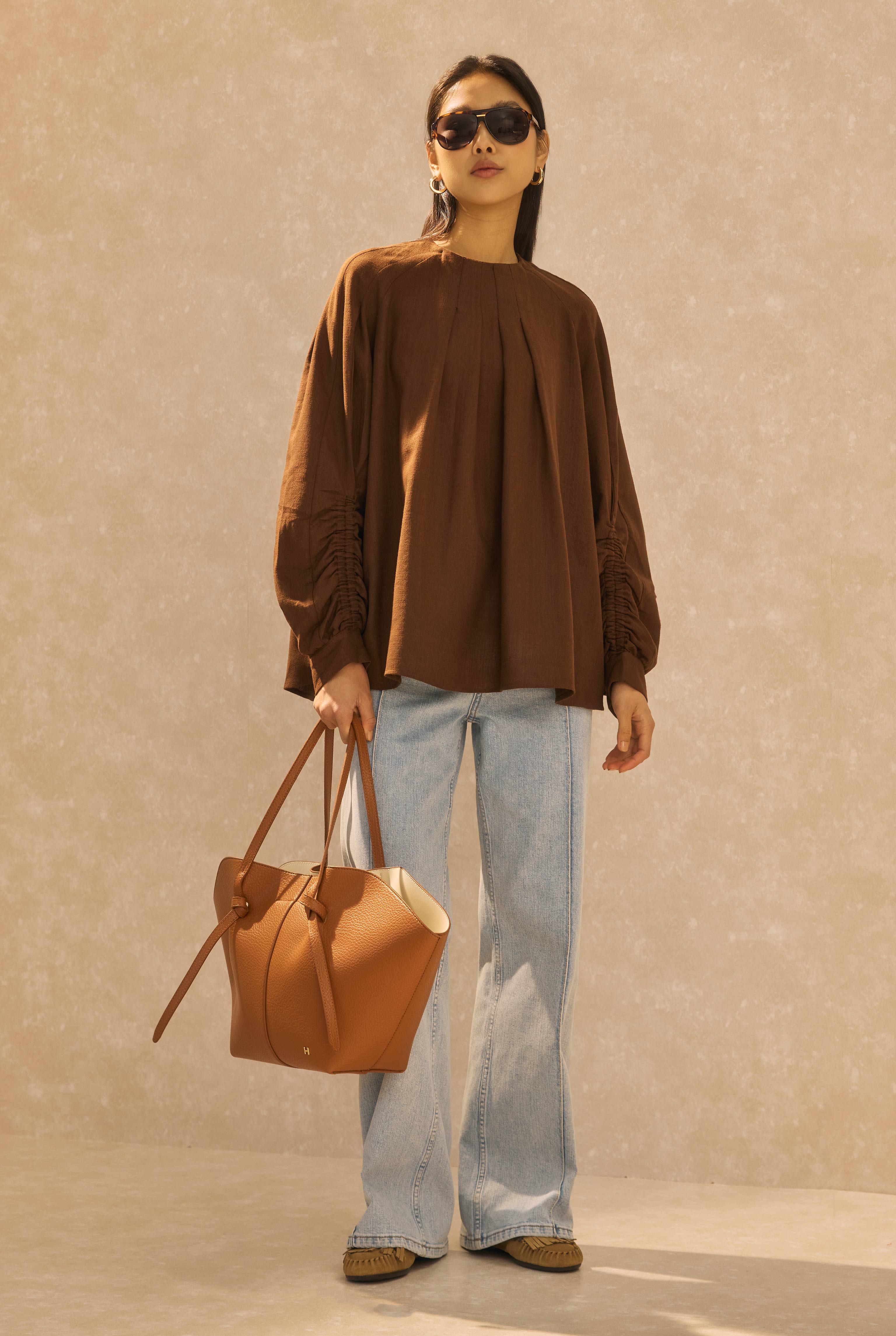 Ruched Sleeve Detailed Cotton Linen Shirt Brown - 2