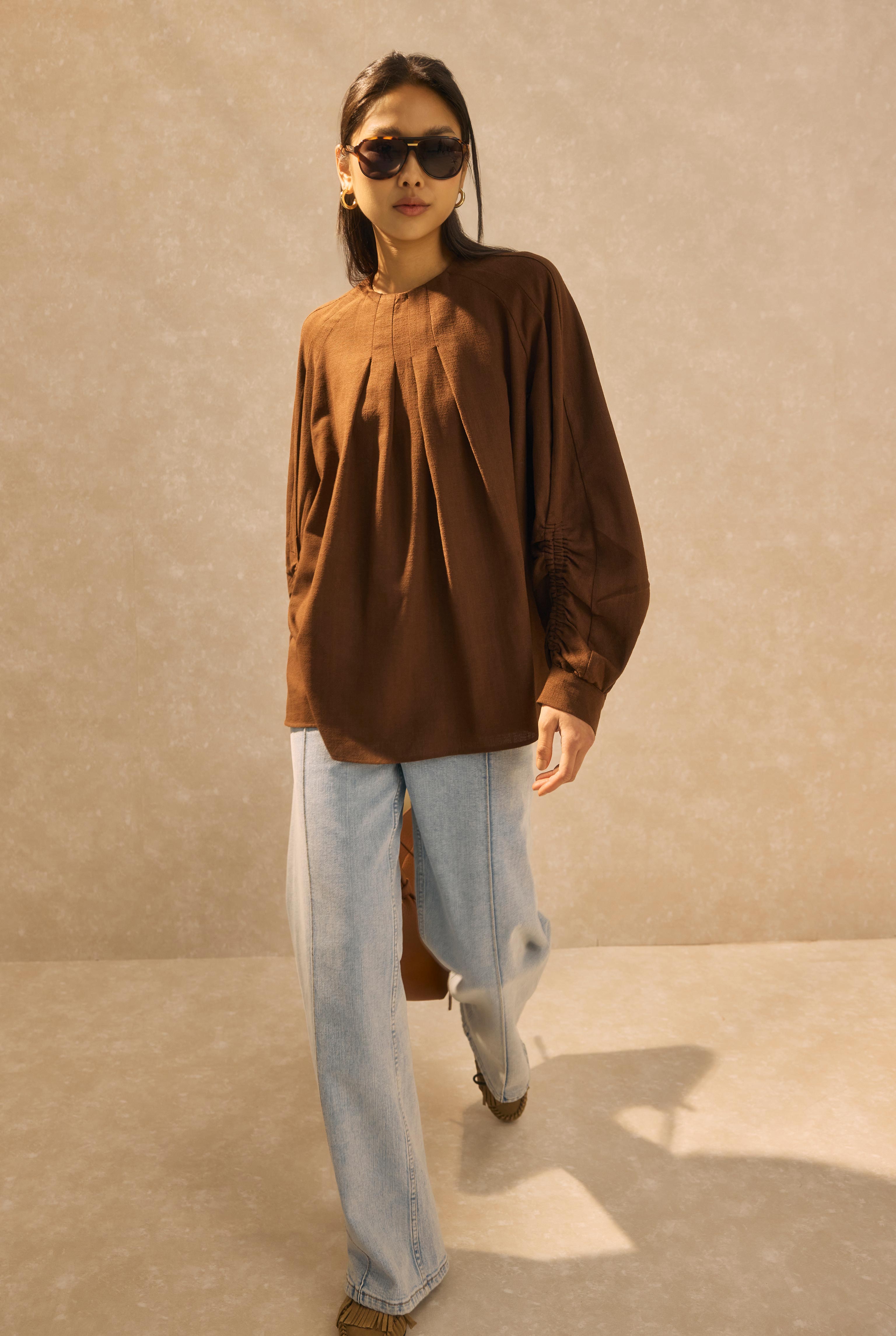 Ruched Sleeve Detailed Cotton Linen Shirt Brown - HE-QA