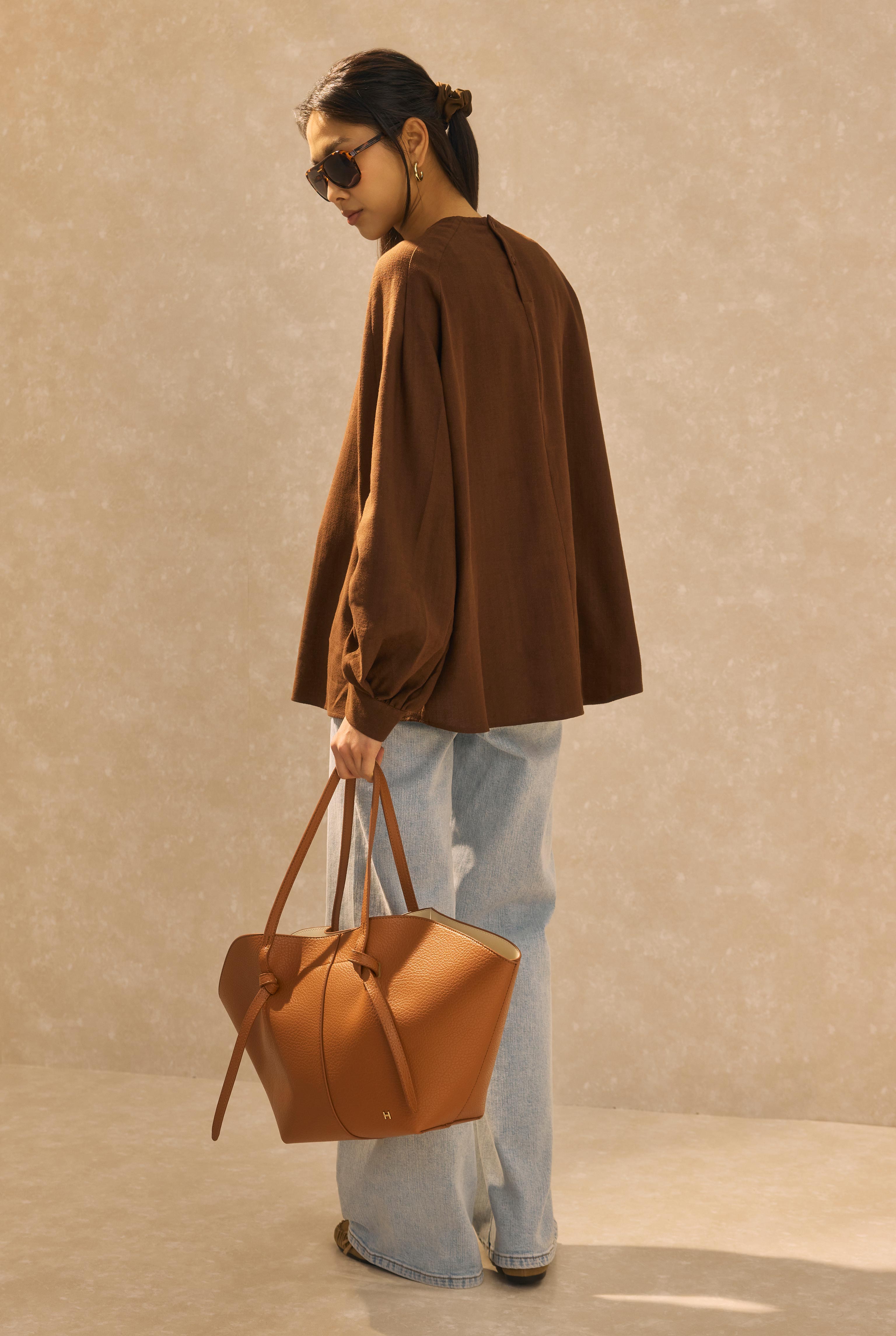 Ruched Sleeve Detailed Cotton Linen Shirt Brown - 5