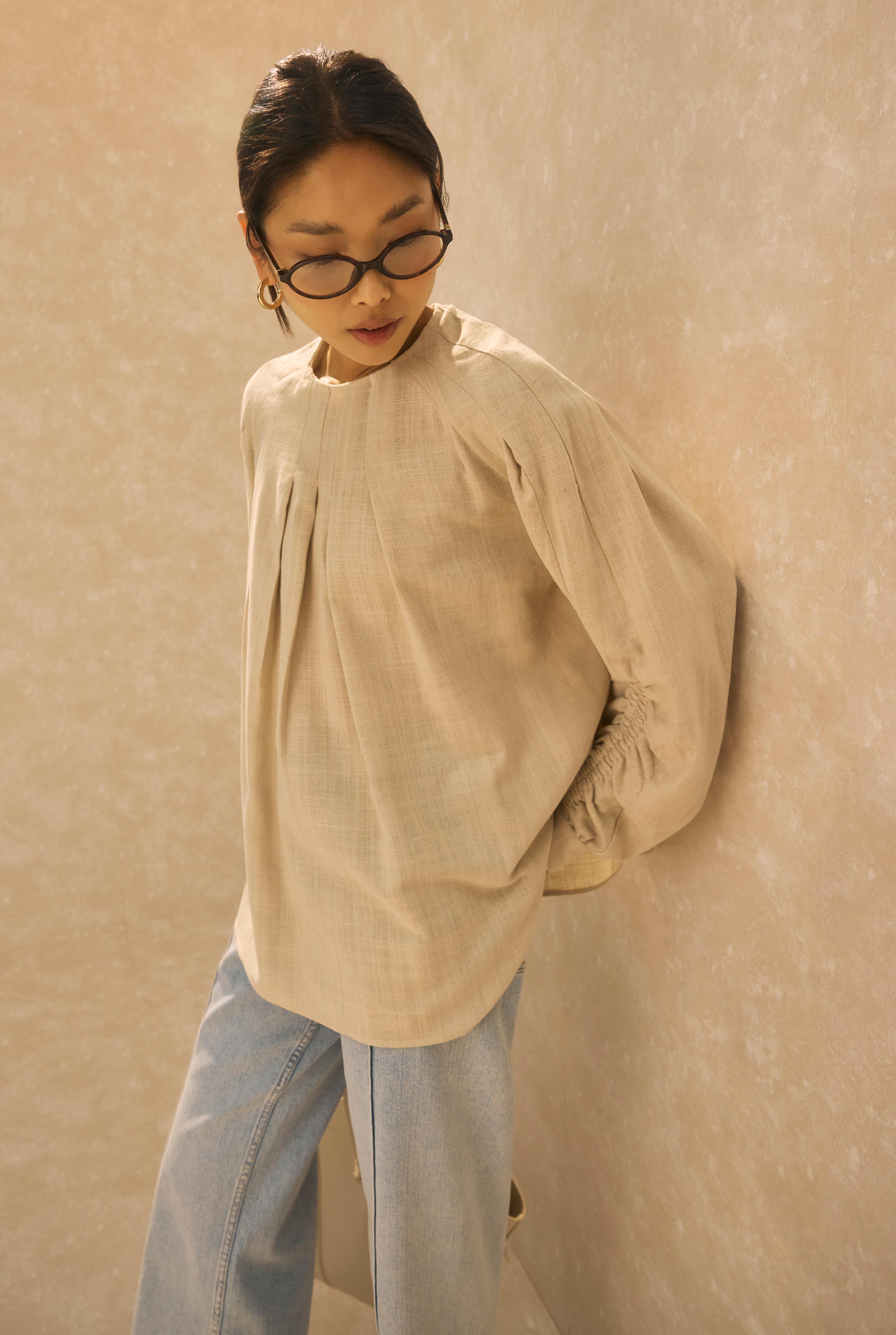 Ruched Sleeve Detailed Cotton Linen Shirt Pearl - 2