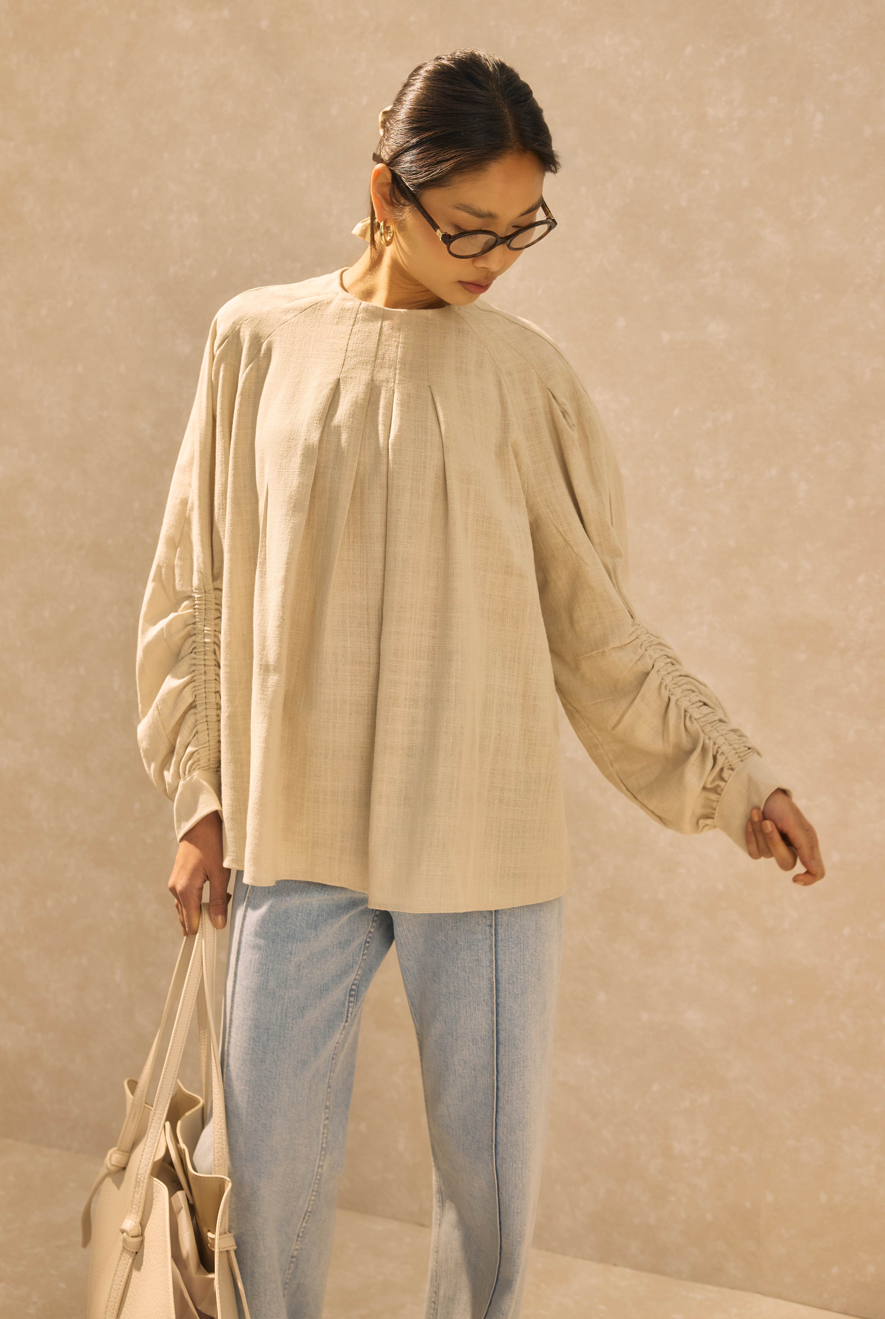Ruched Sleeve Detailed Cotton Linen Shirt Pearl - 3