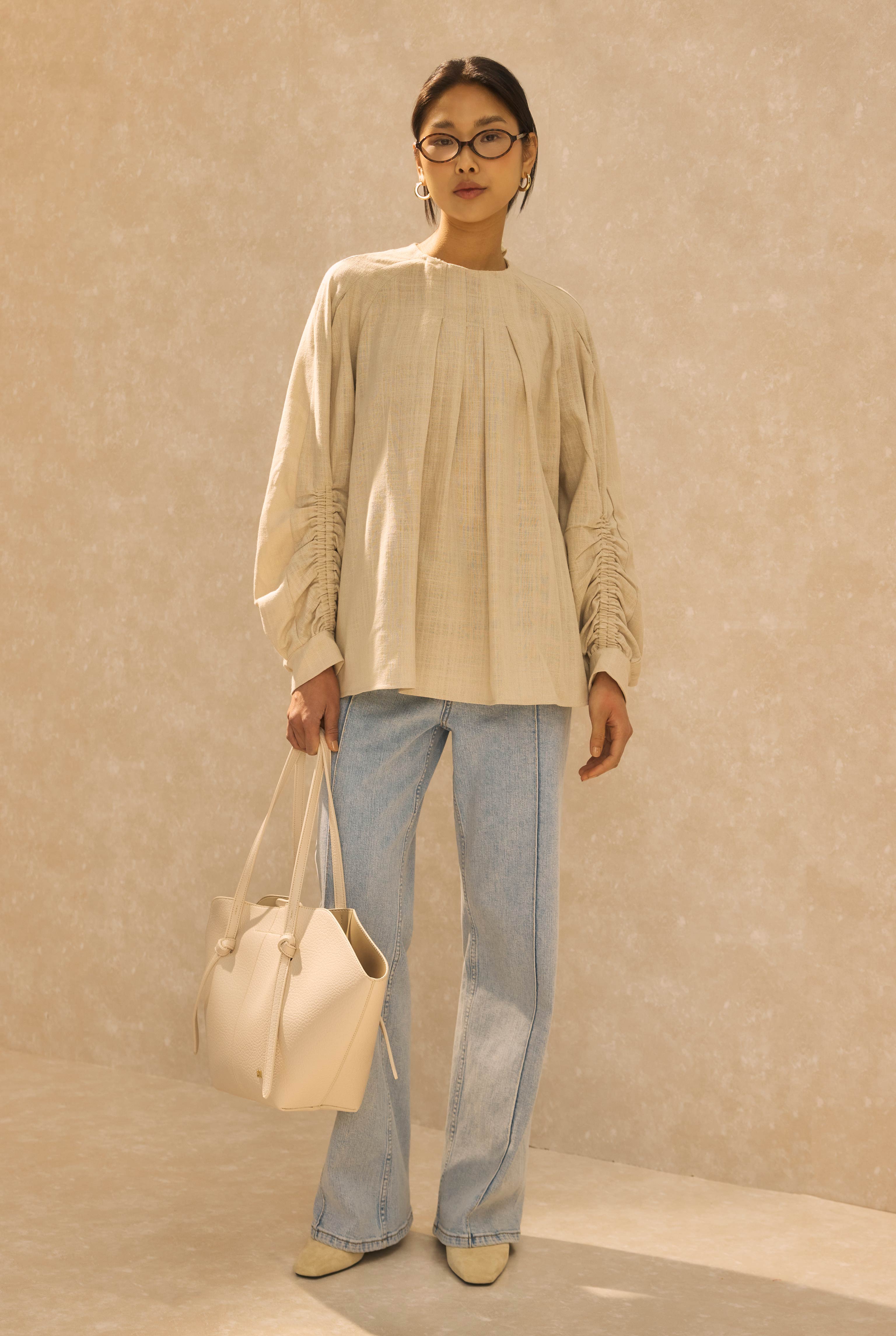 Ruched Sleeve Detailed Cotton Linen Shirt Pearl - 1