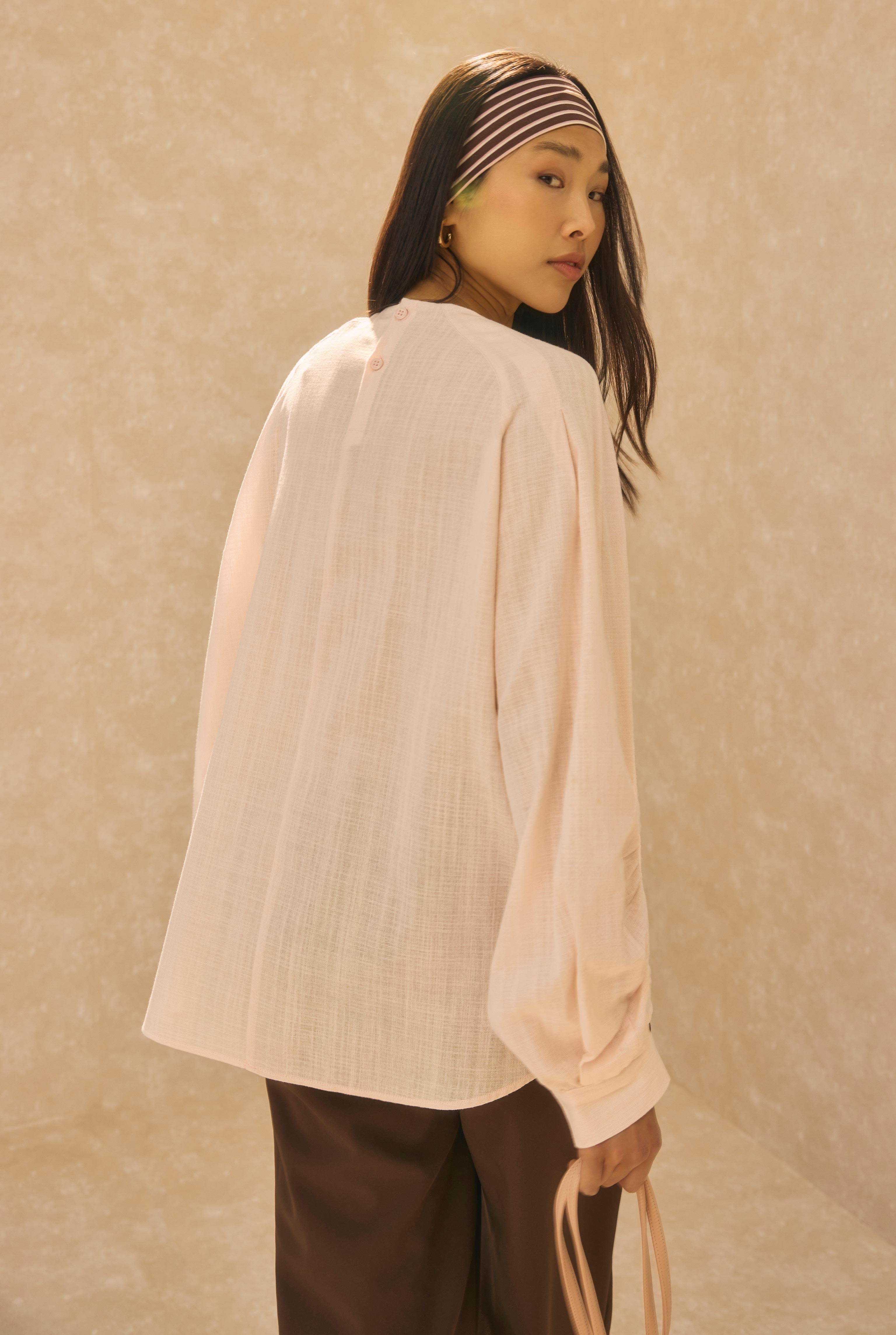 Ruched Sleeve Detailed Cotton Linen Shirt Soft Pink - 4