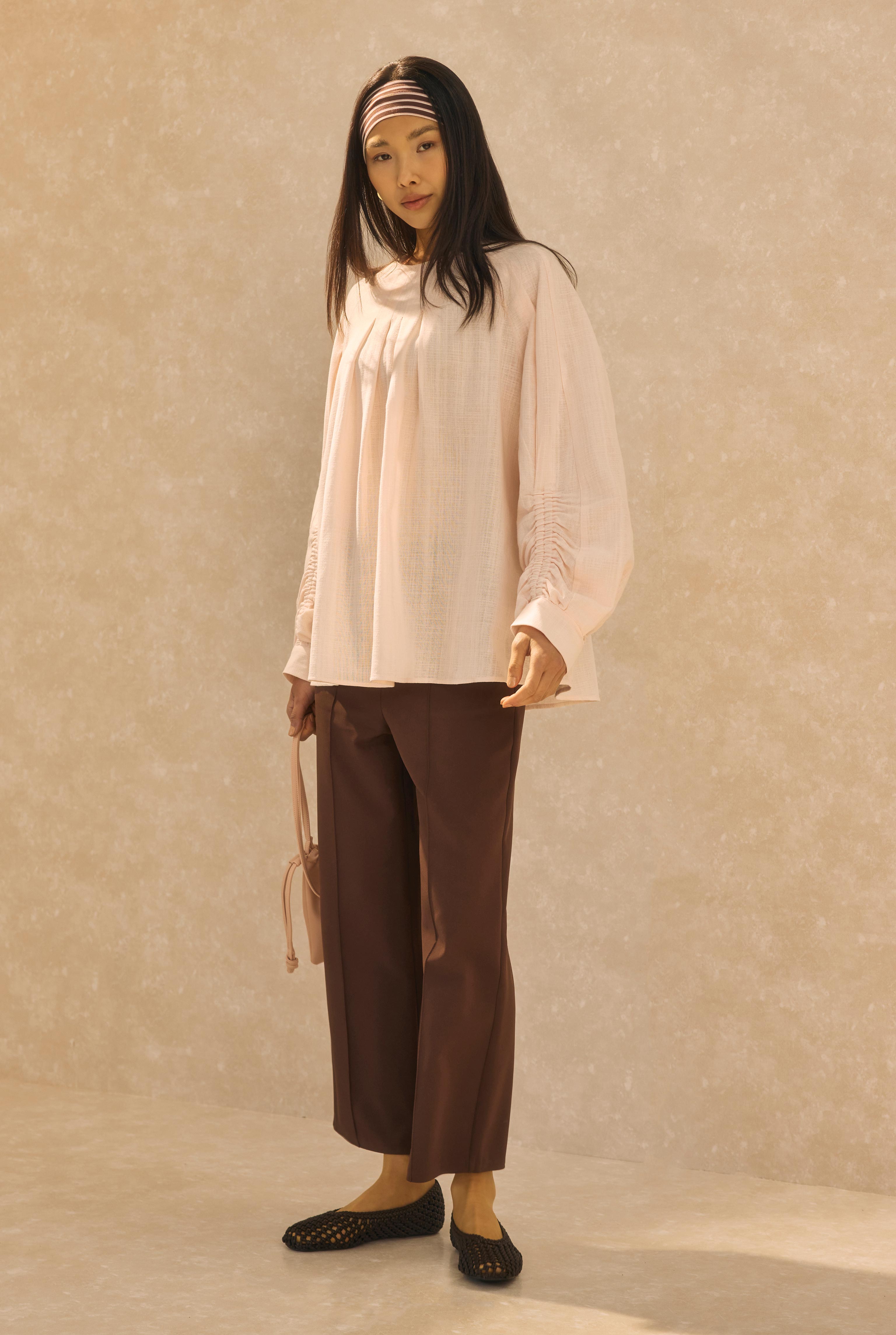 Ruched Sleeve Detailed Cotton Linen Shirt Soft Pink - 2