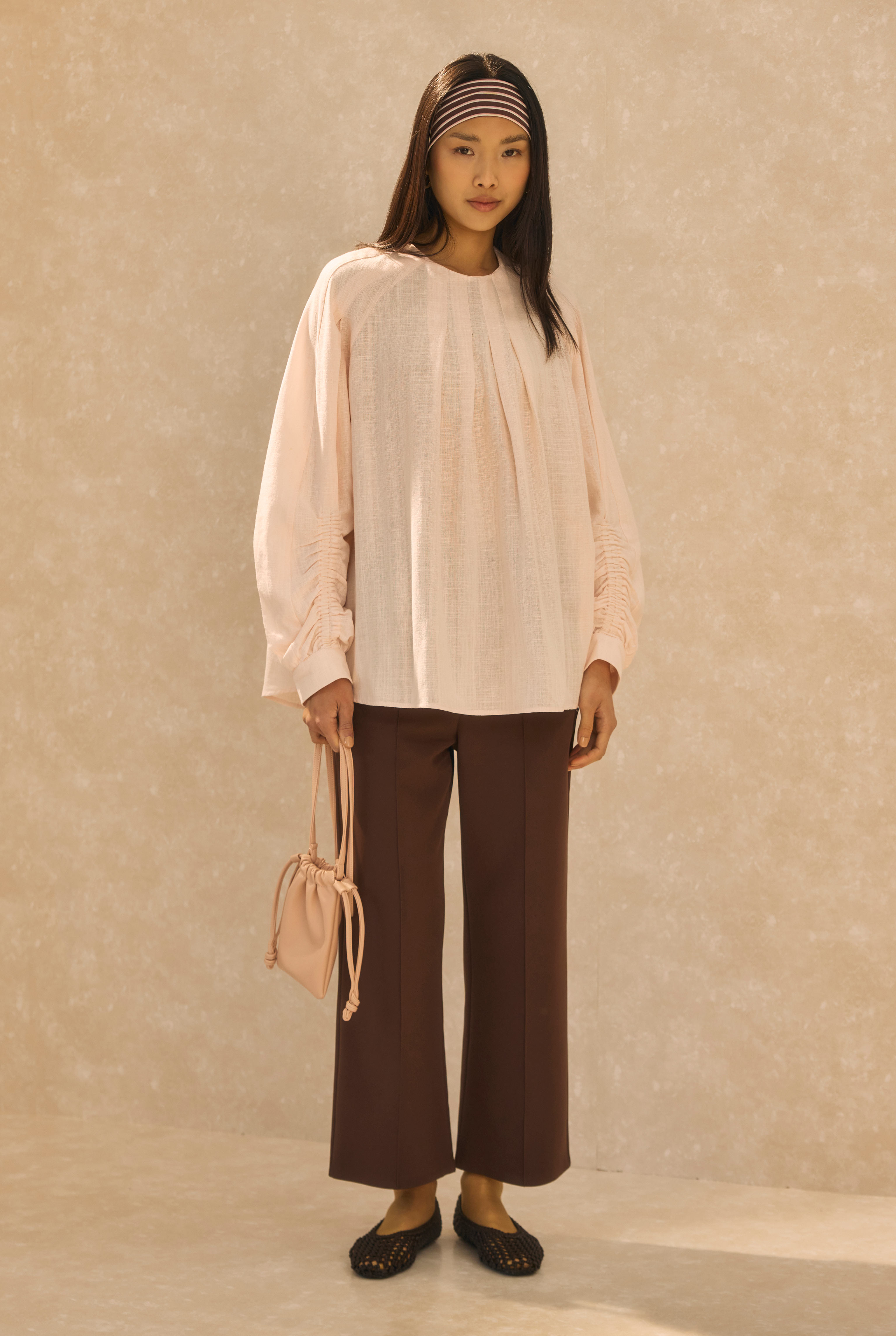 Ruched Sleeve Detailed Cotton Linen Shirt Soft Pink - 3