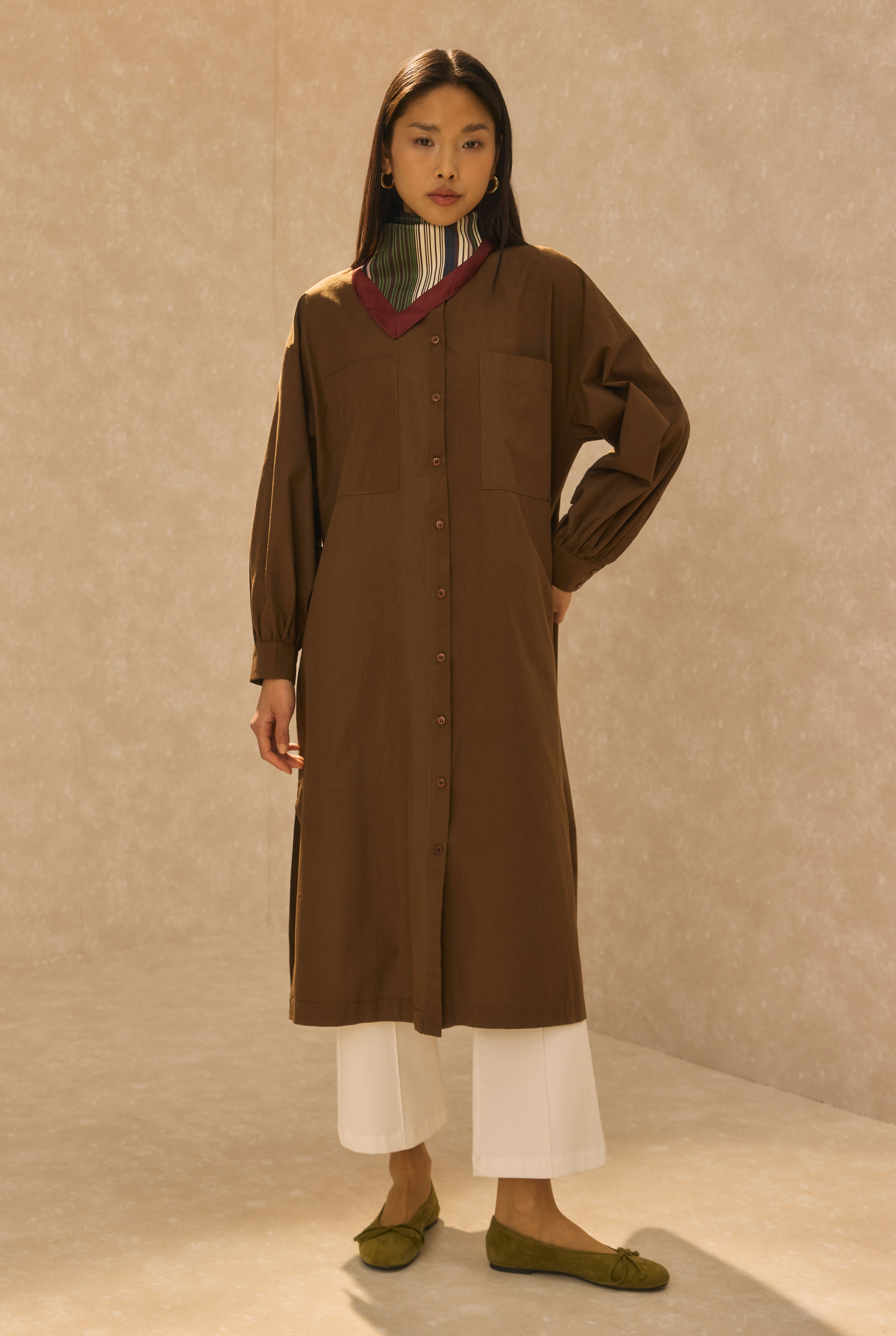 Mandarin Collar Long Tunic Brown - 2