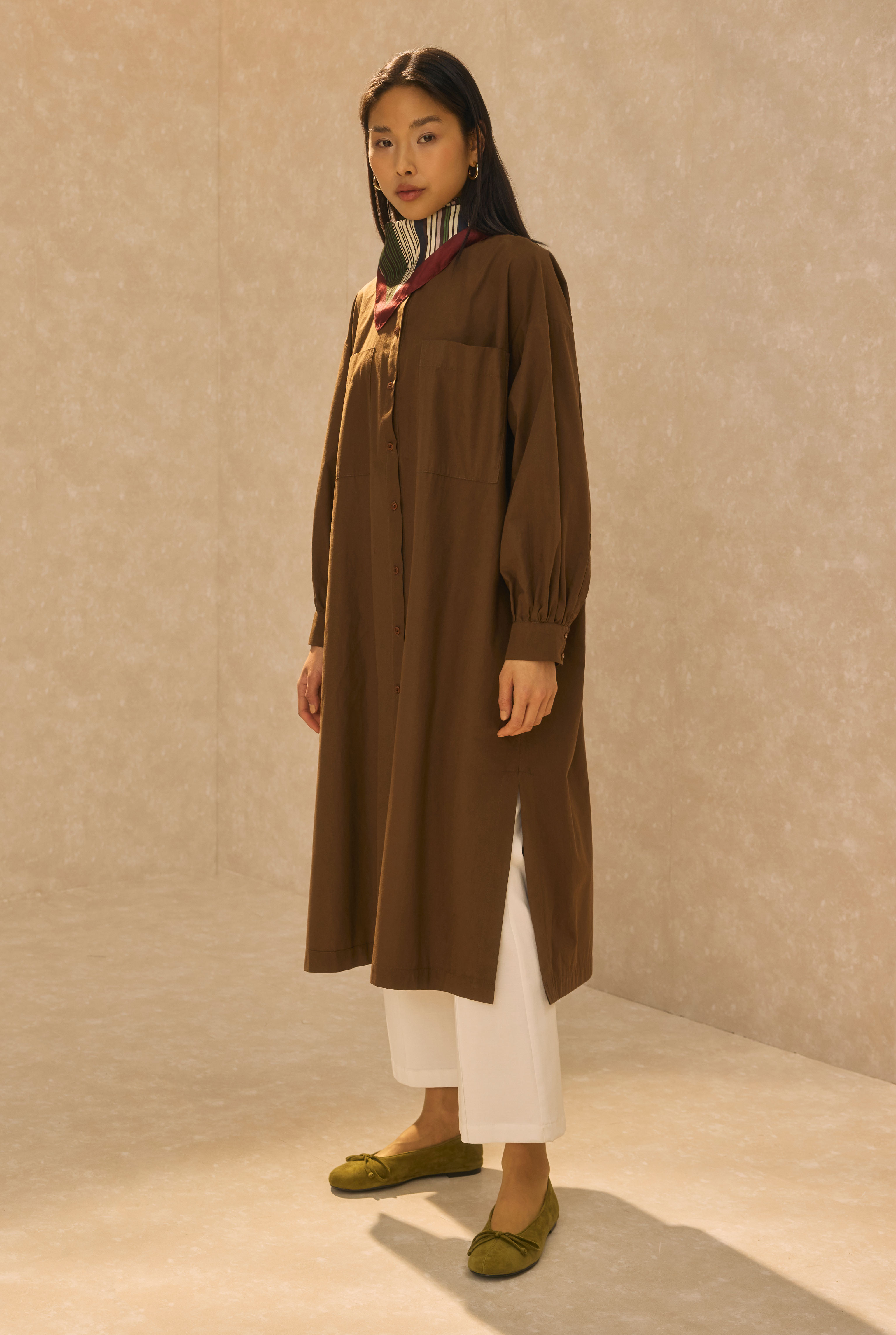 Mandarin Collar Long Tunic Brown - HE-QA