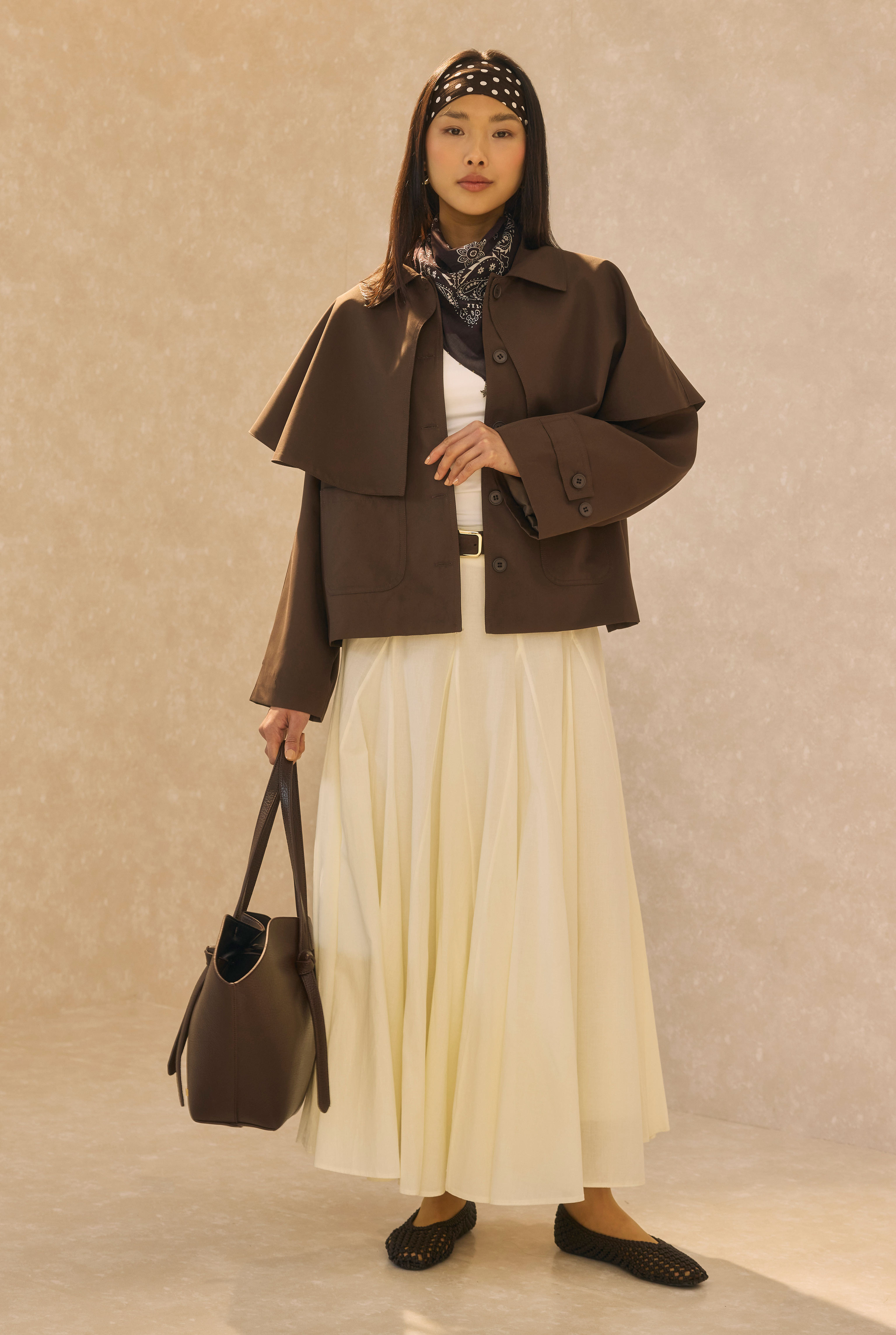 Short Trench Coat With Cape Detail Dark Brown - 4