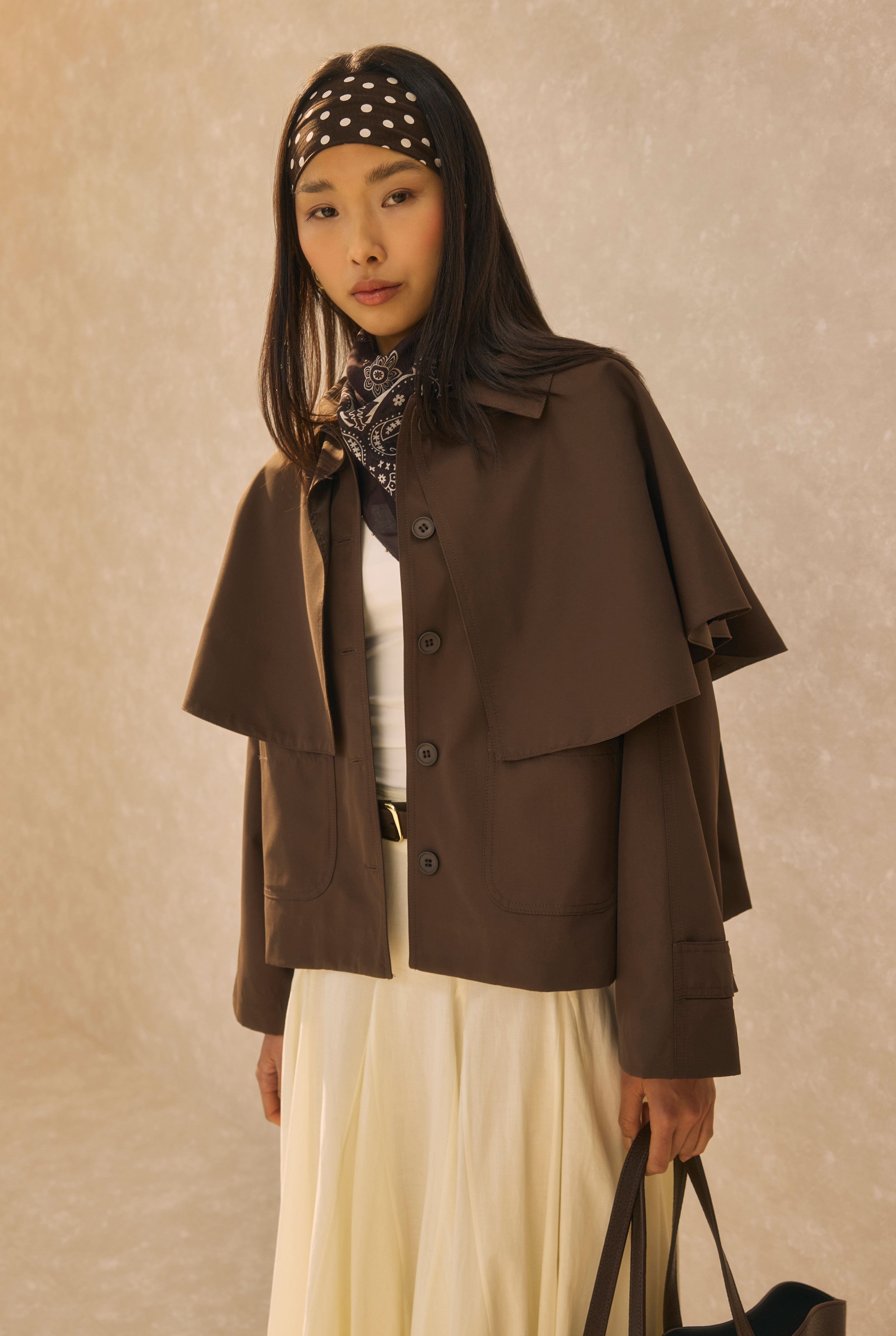 Short Trench Coat With Cape Detail Dark Brown - 2