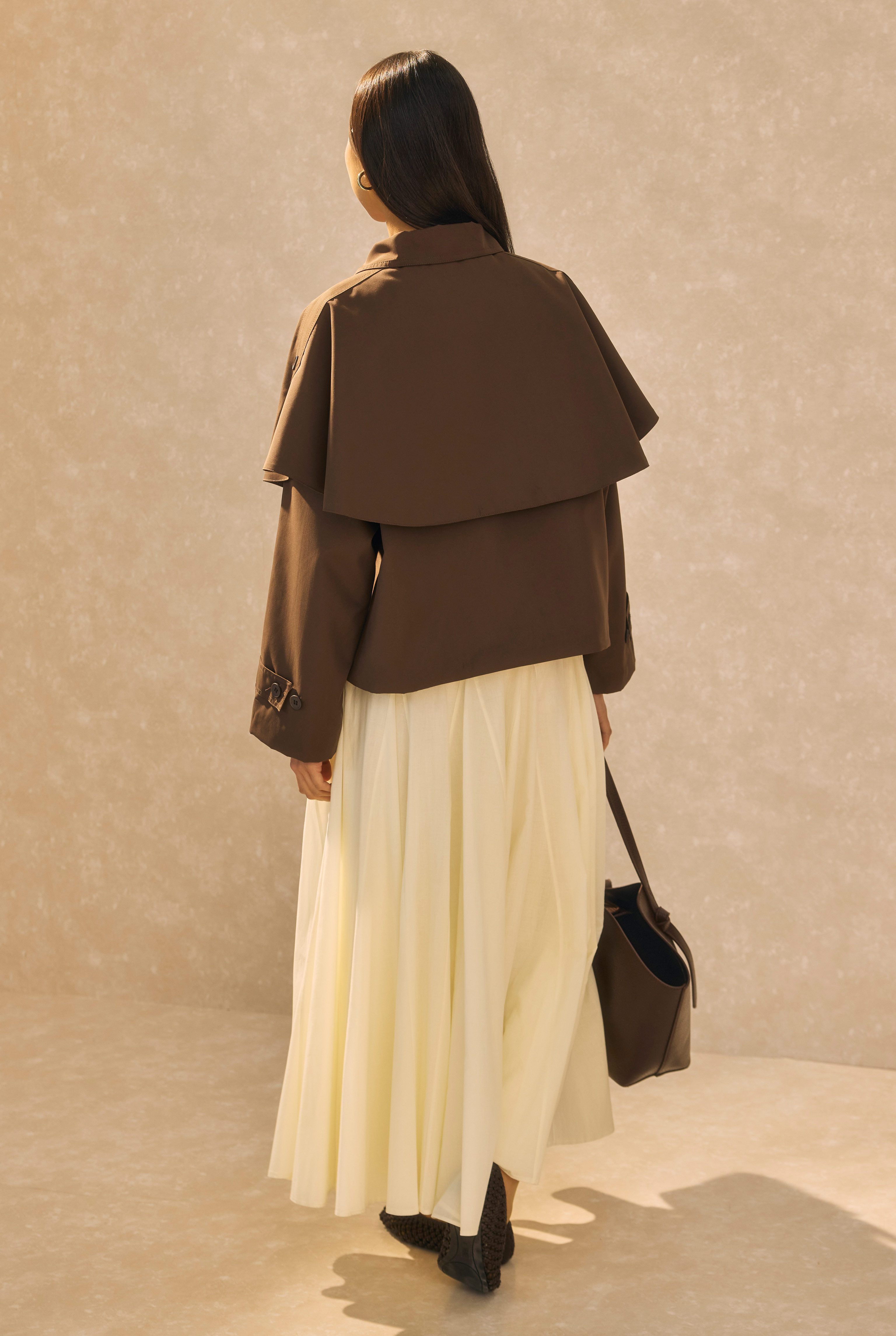 Short Trench Coat With Cape Detail Dark Brown - 6