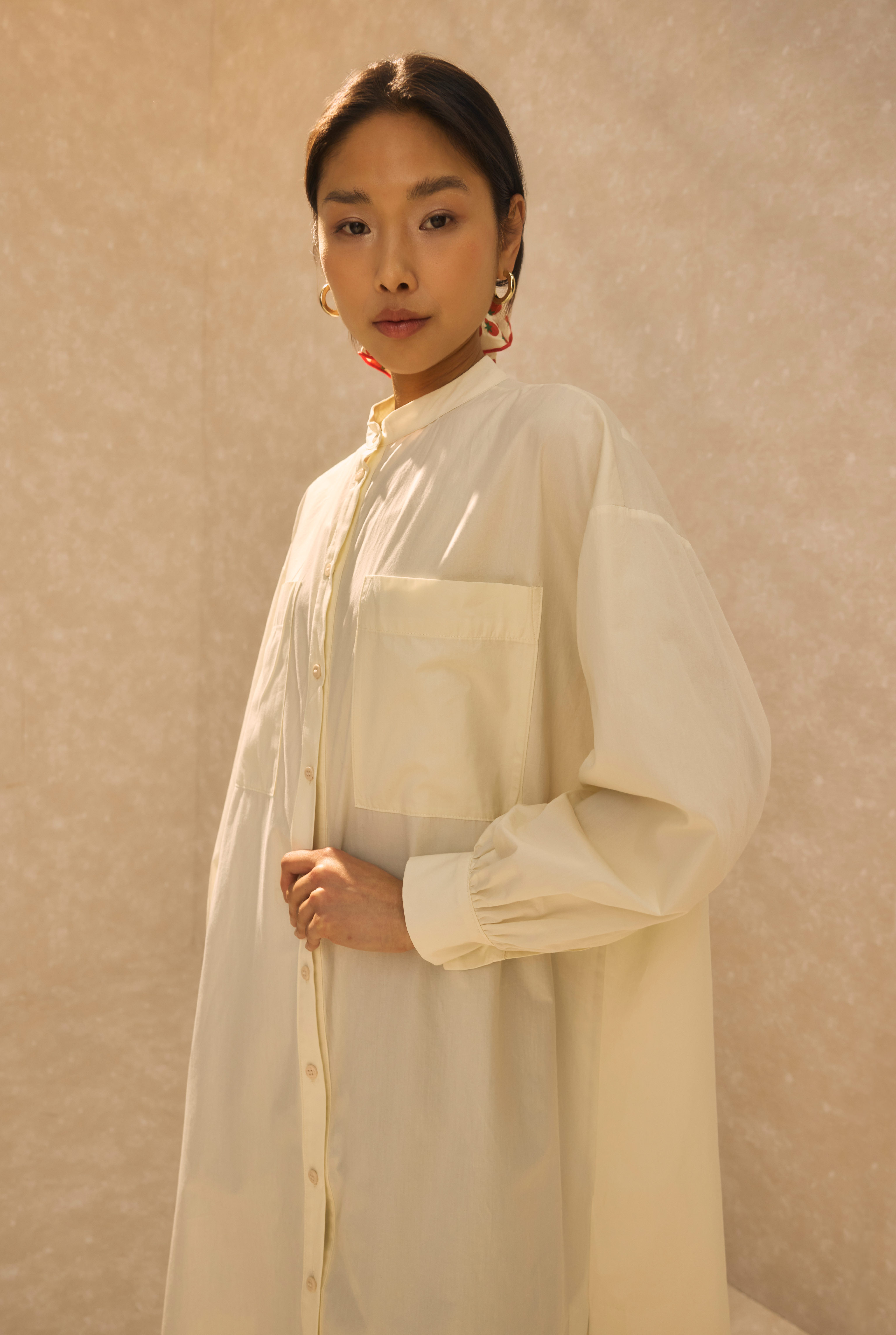 Mandarin Collar Long Tunic Bone - 3