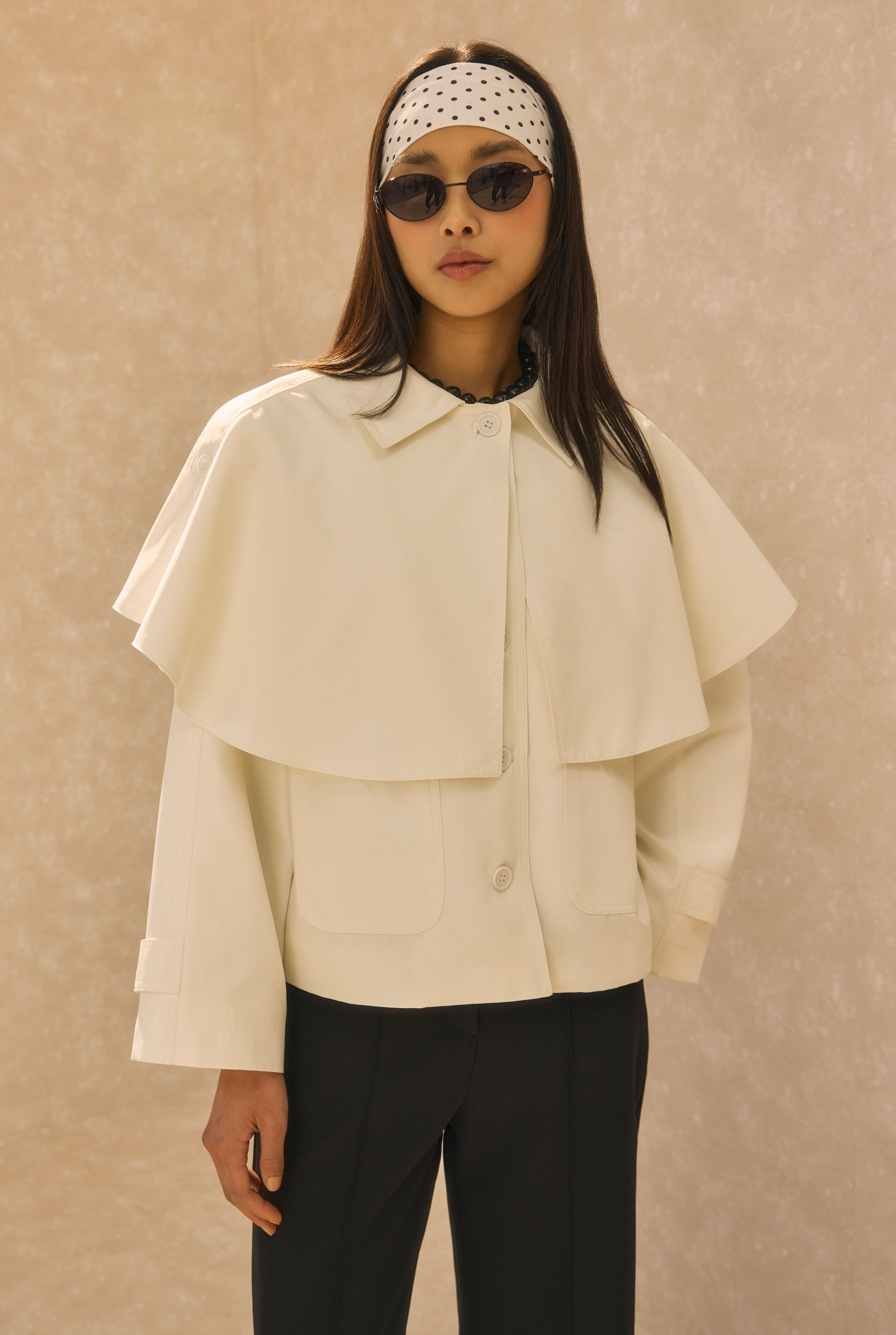 Short Trench Coat With Cape Detail Bone - HE-QA