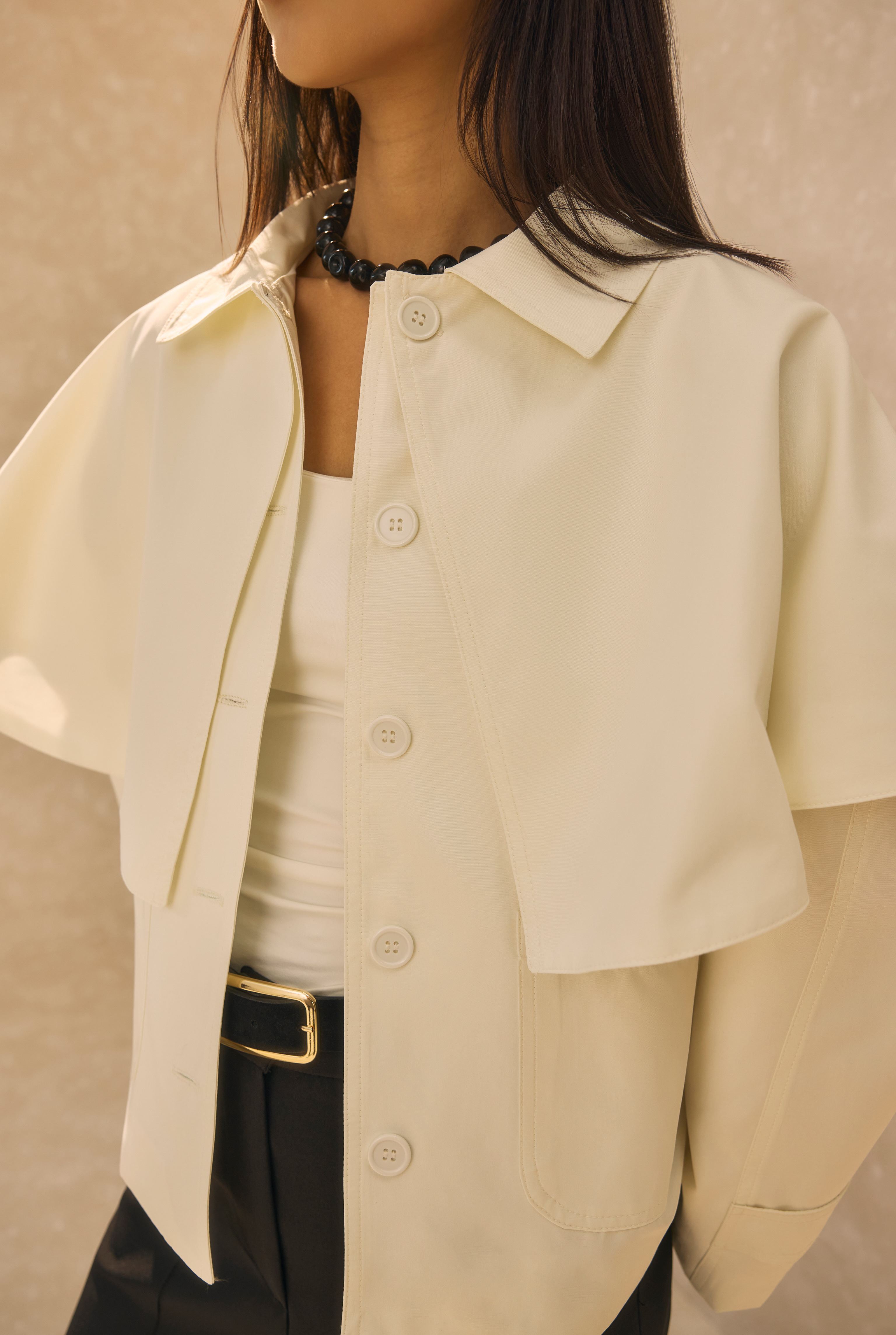 Short Trench Coat With Cape Detail Bone - 6