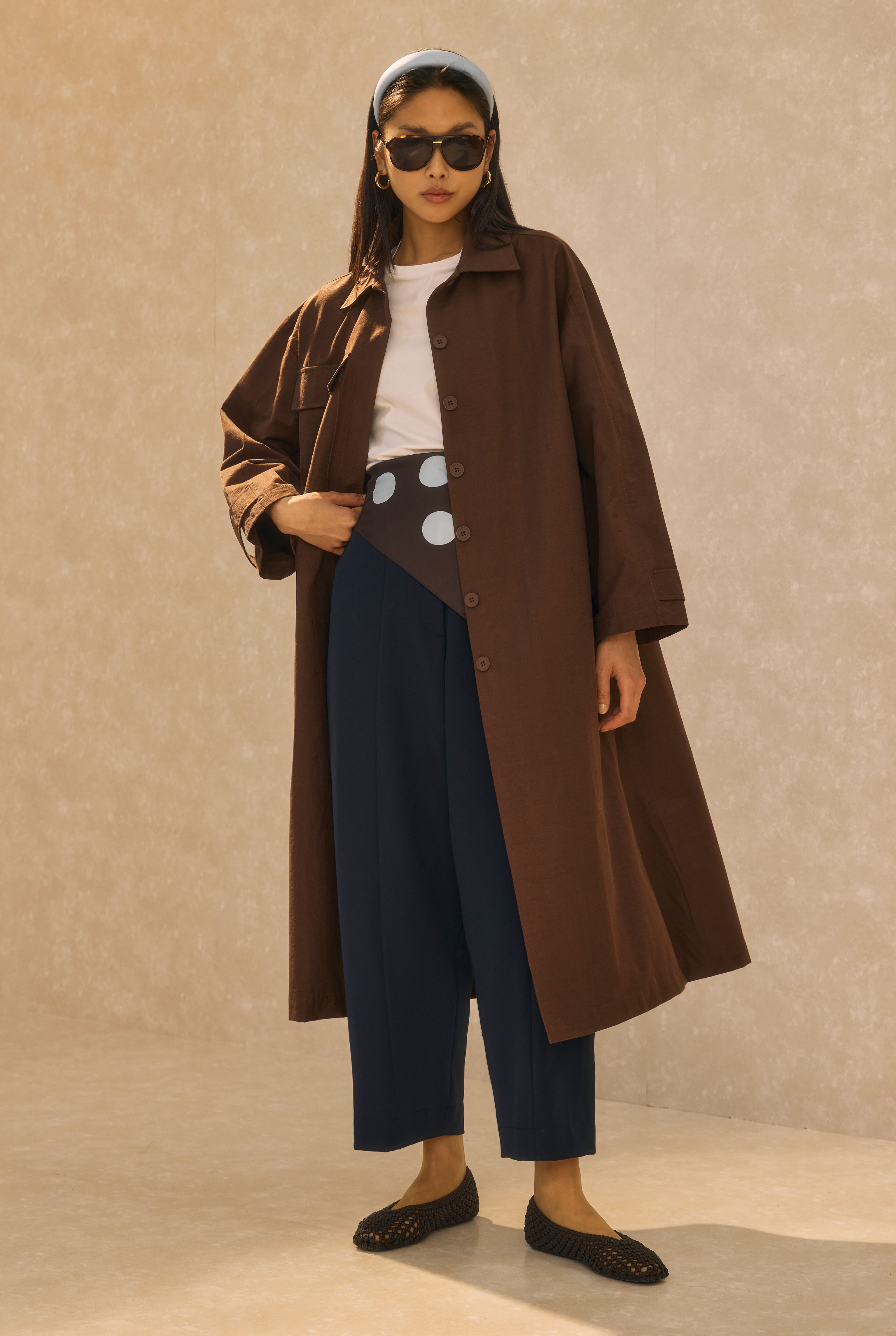 Single Pocket Detailed Long Trenchcoat Dark Brown - HE-QA