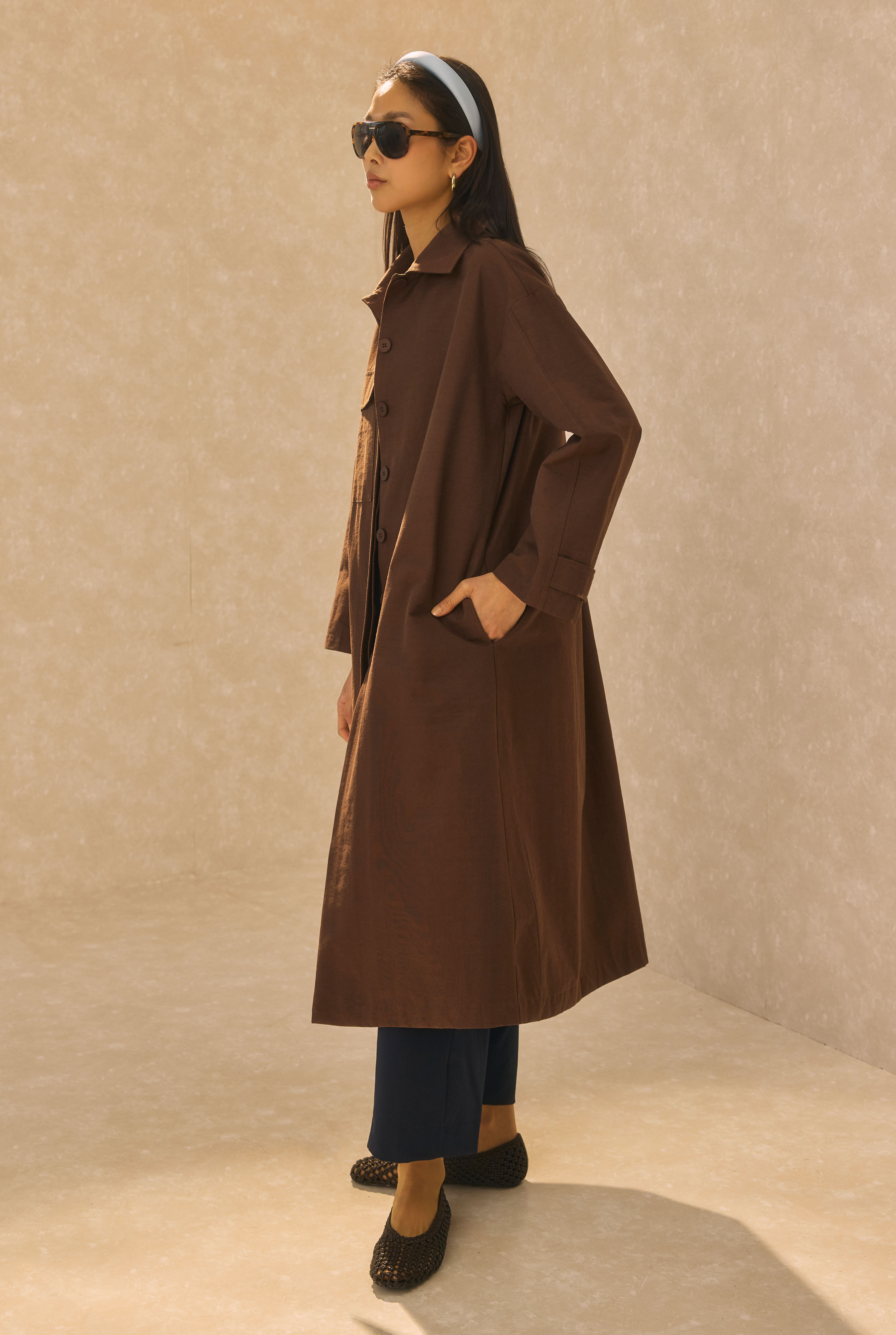 Single Pocket Detailed Long Trenchcoat Dark Brown - 2