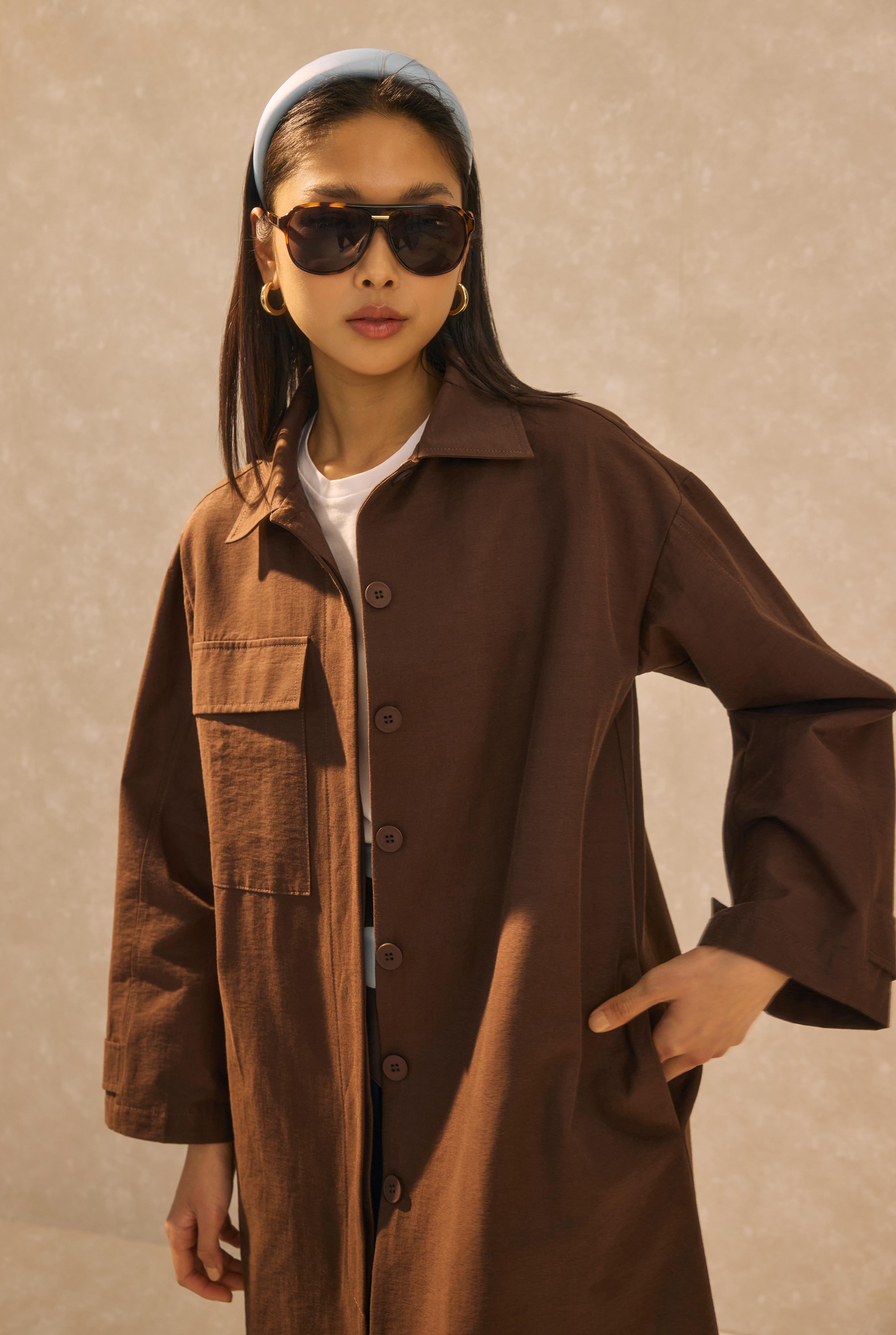 Single Pocket Detailed Long Trenchcoat Dark Brown - 4