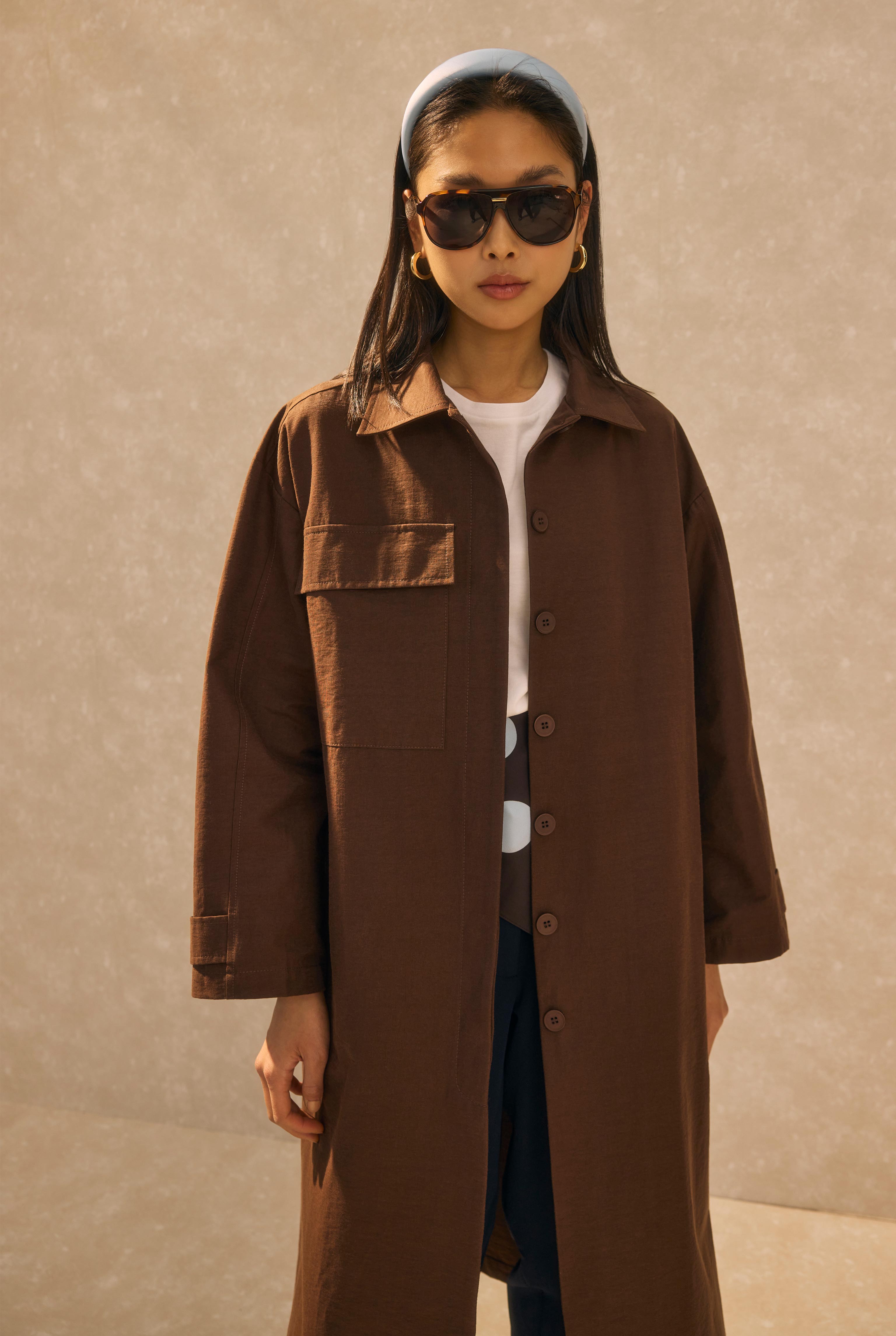 Single Pocket Detailed Long Trenchcoat Dark Brown - 5