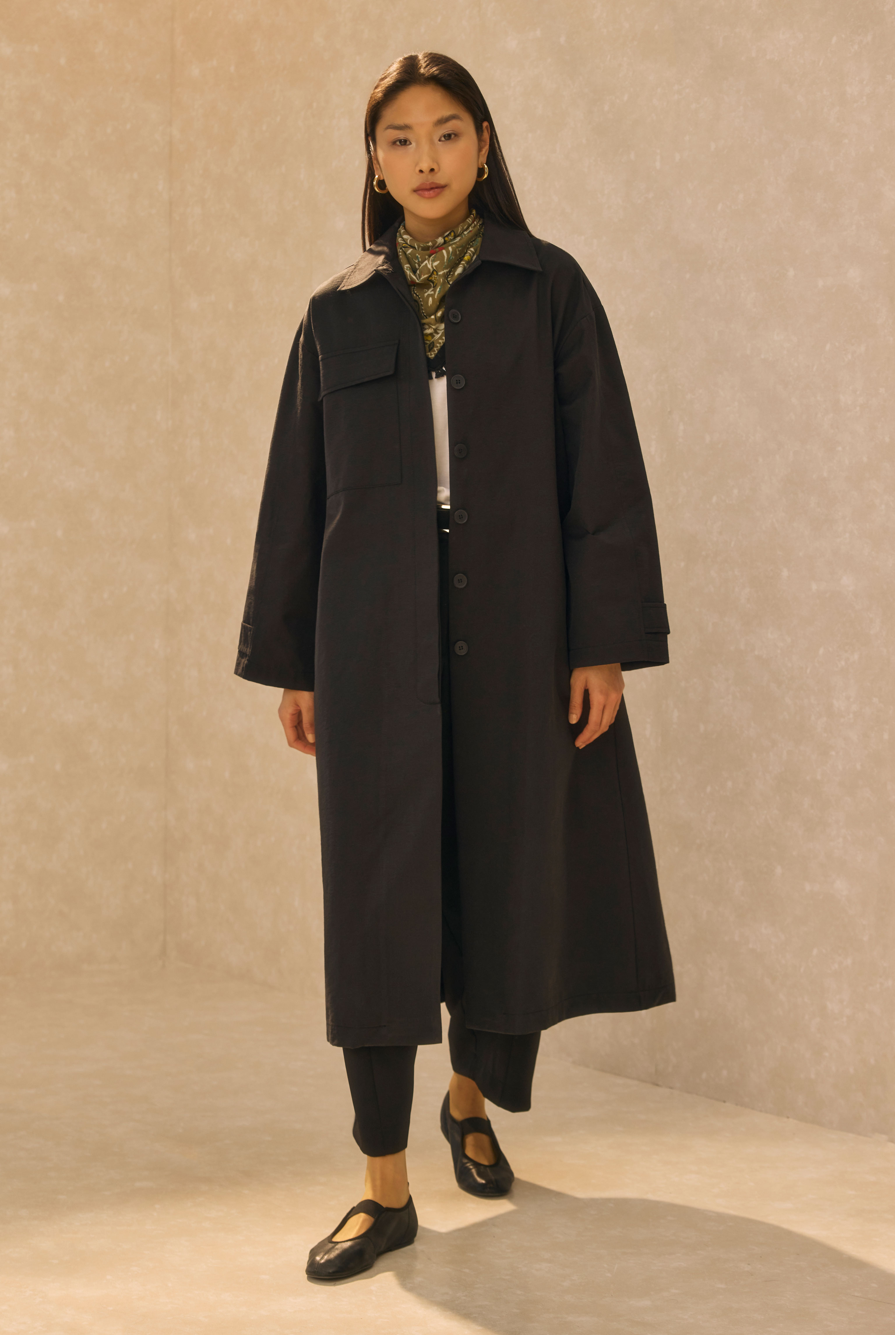 Single Pocket Detailed Long Trenchcoat Black - 3