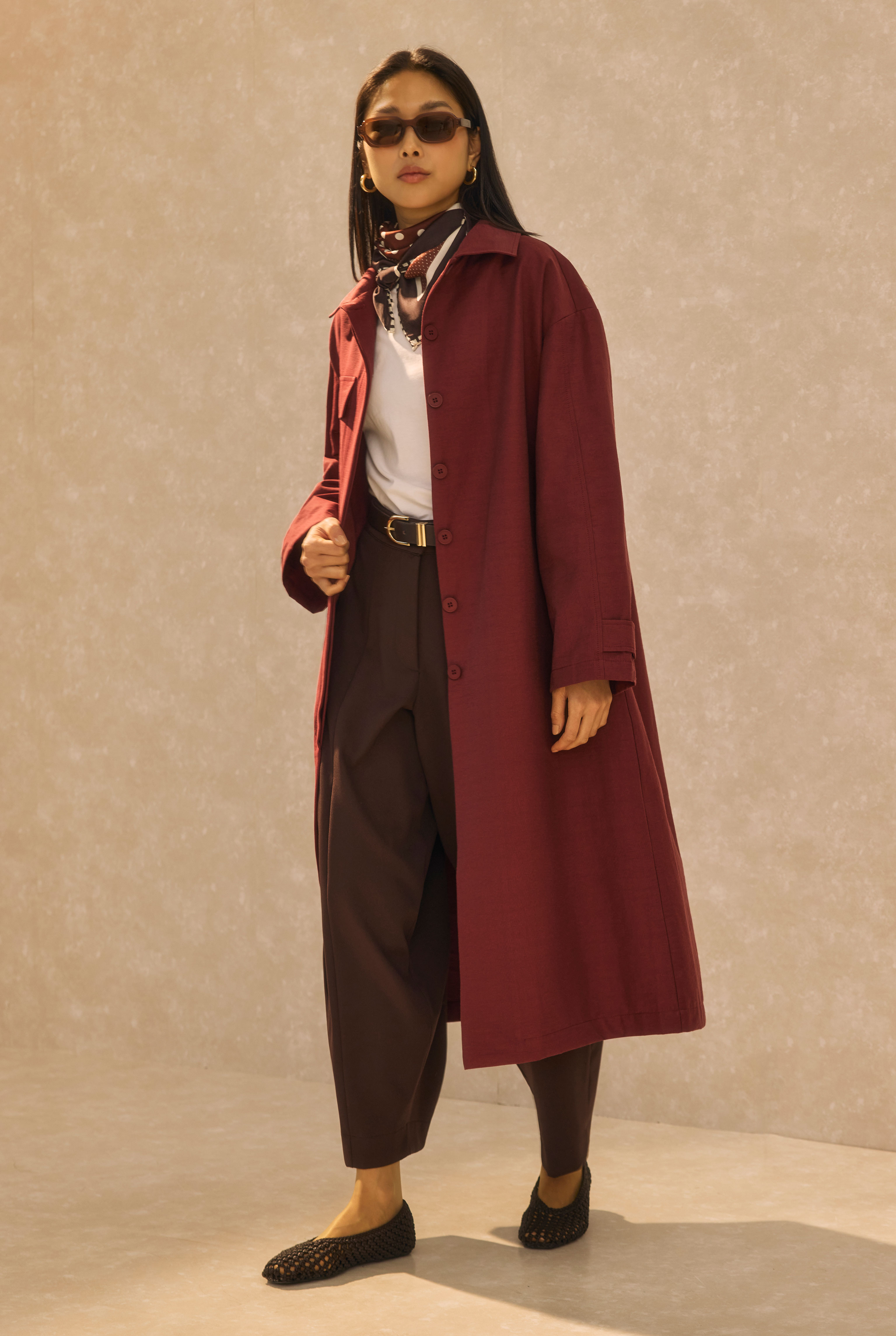 Single Pocket Detailed Long Trenchcoat Bordeaux - 1
