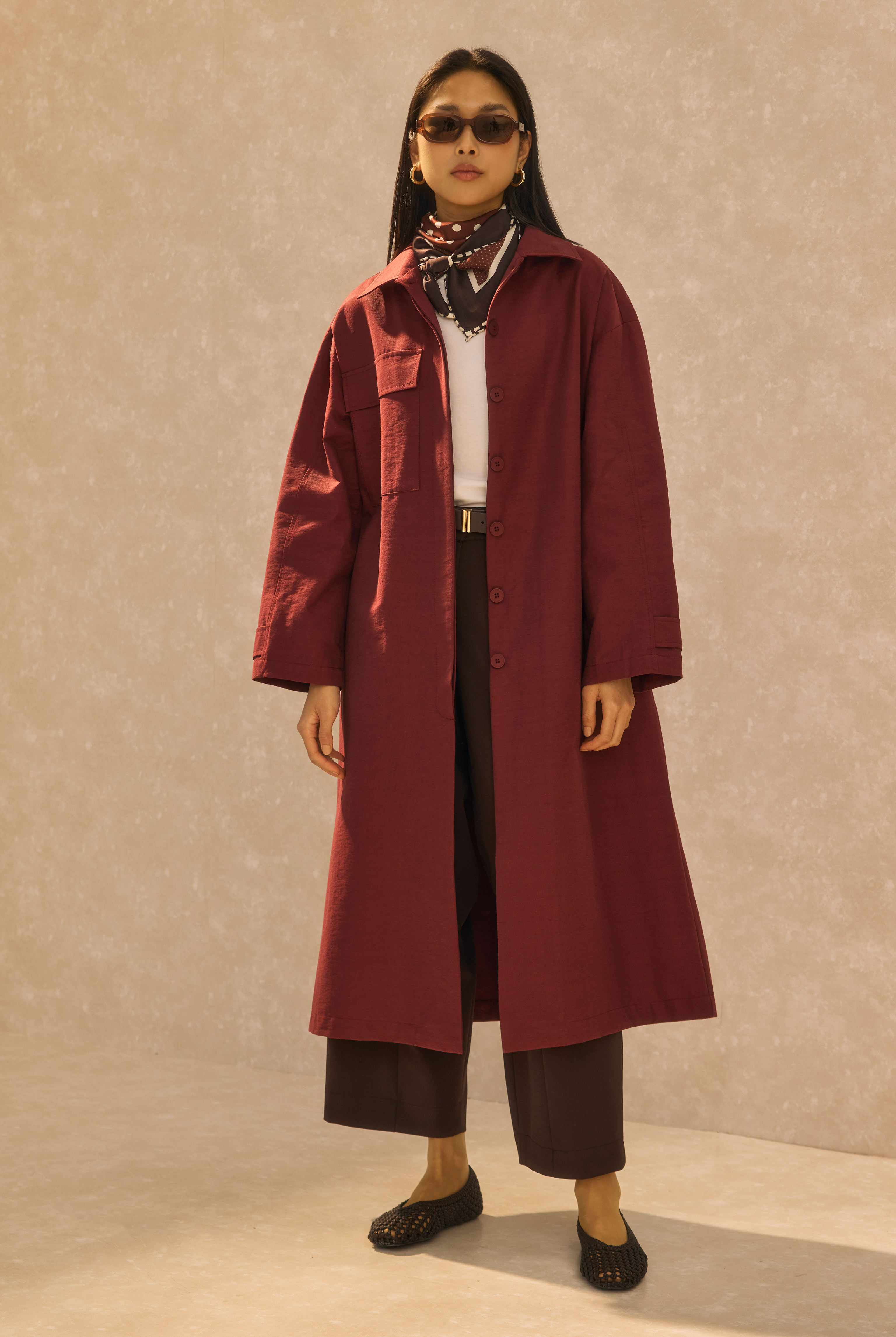 Single Pocket Detailed Long Trenchcoat Bordeaux - 2