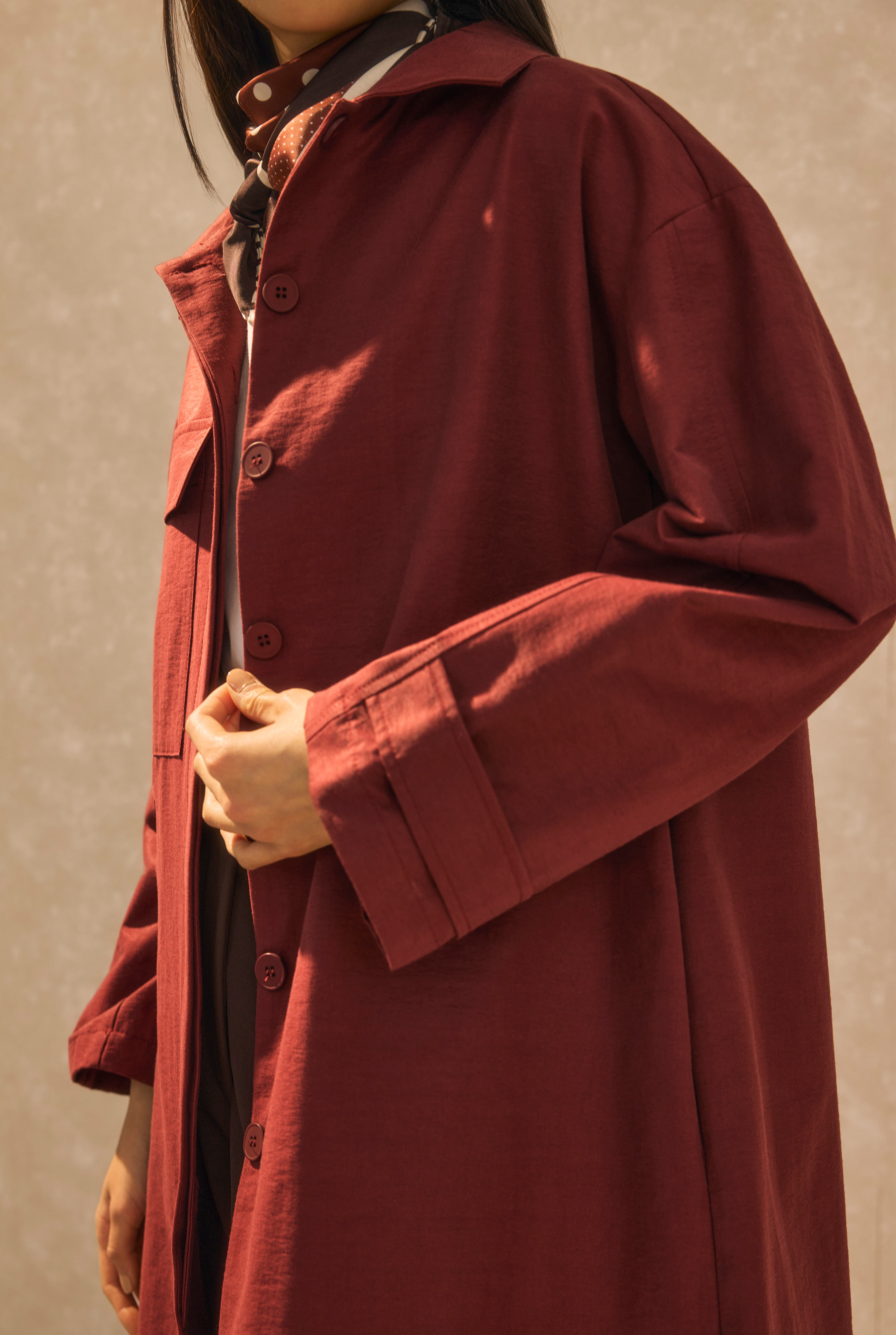 Single Pocket Detailed Long Trenchcoat Bordeaux - 6