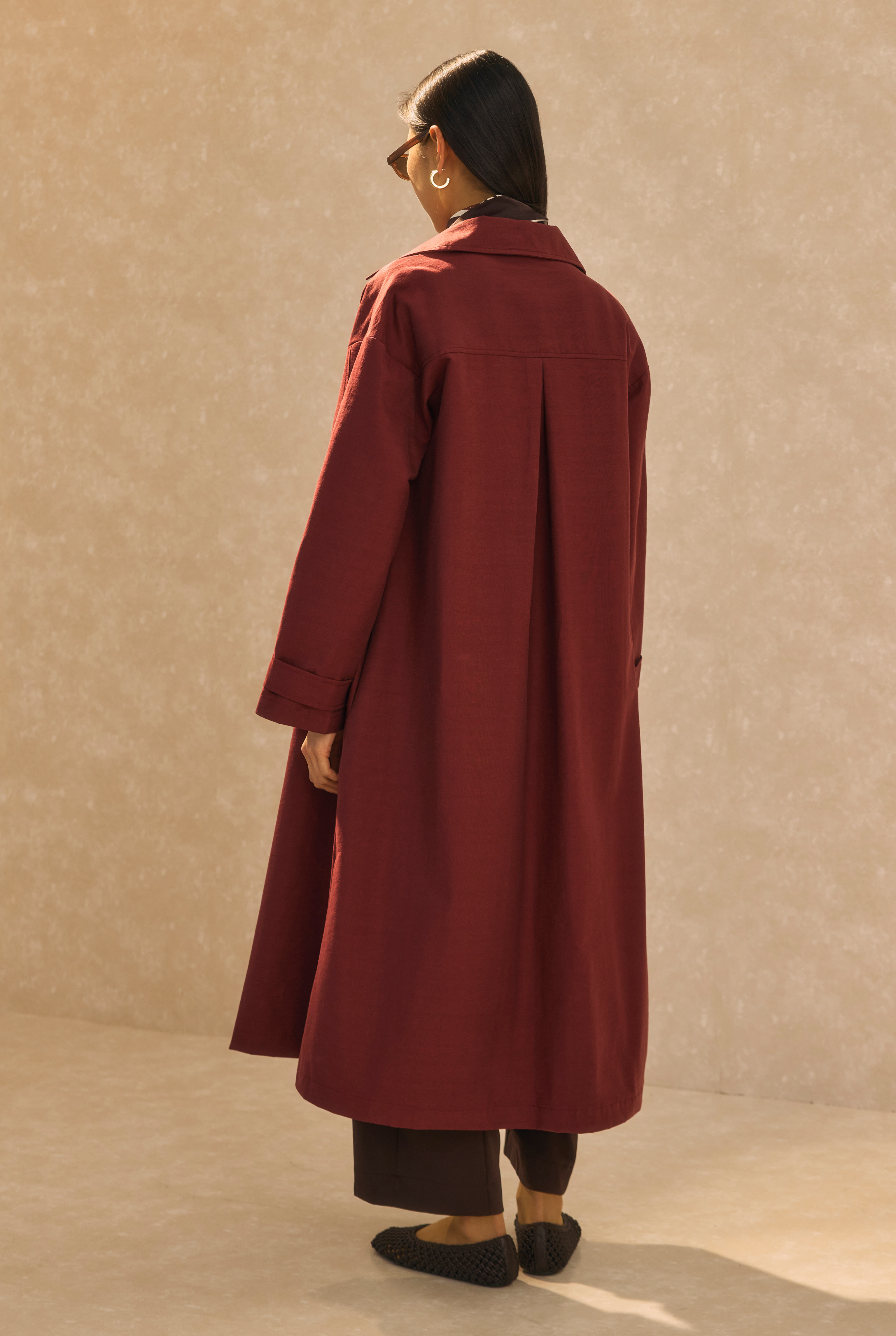 Single Pocket Detailed Long Trenchcoat Bordeaux - 3