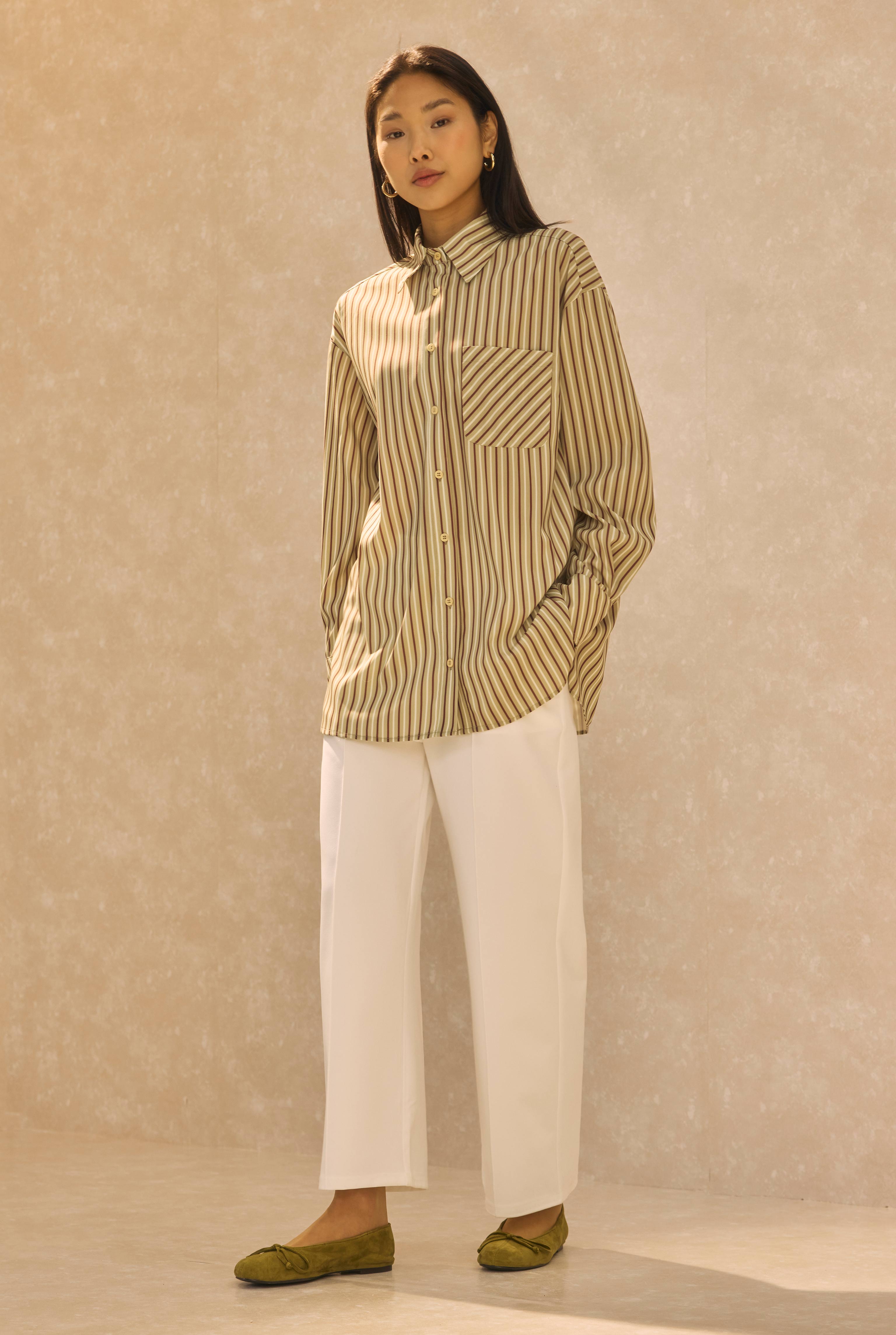 Single Pocket Striped Shirt Sage Green - 2