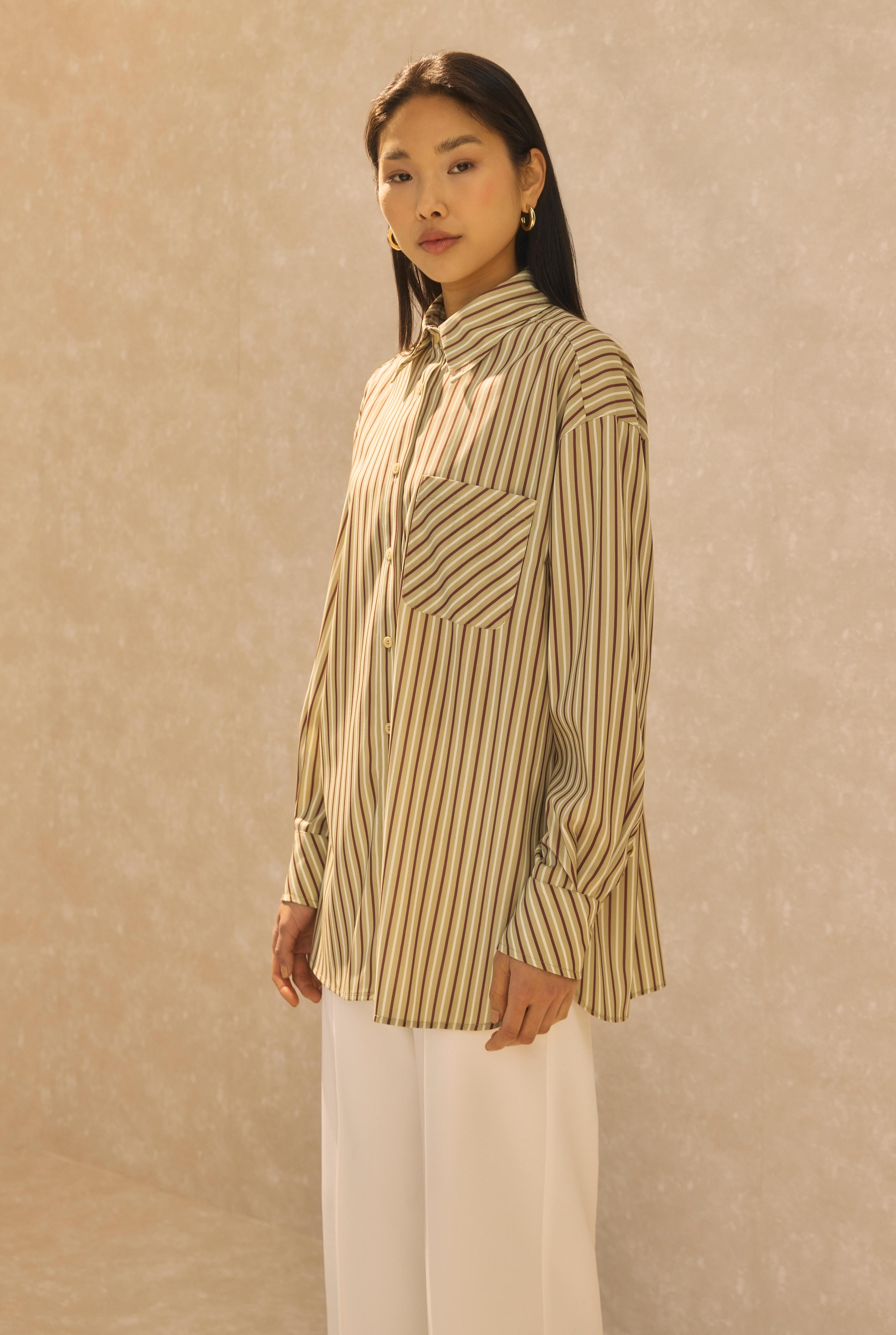 Single Pocket Striped Shirt Sage Green - 3