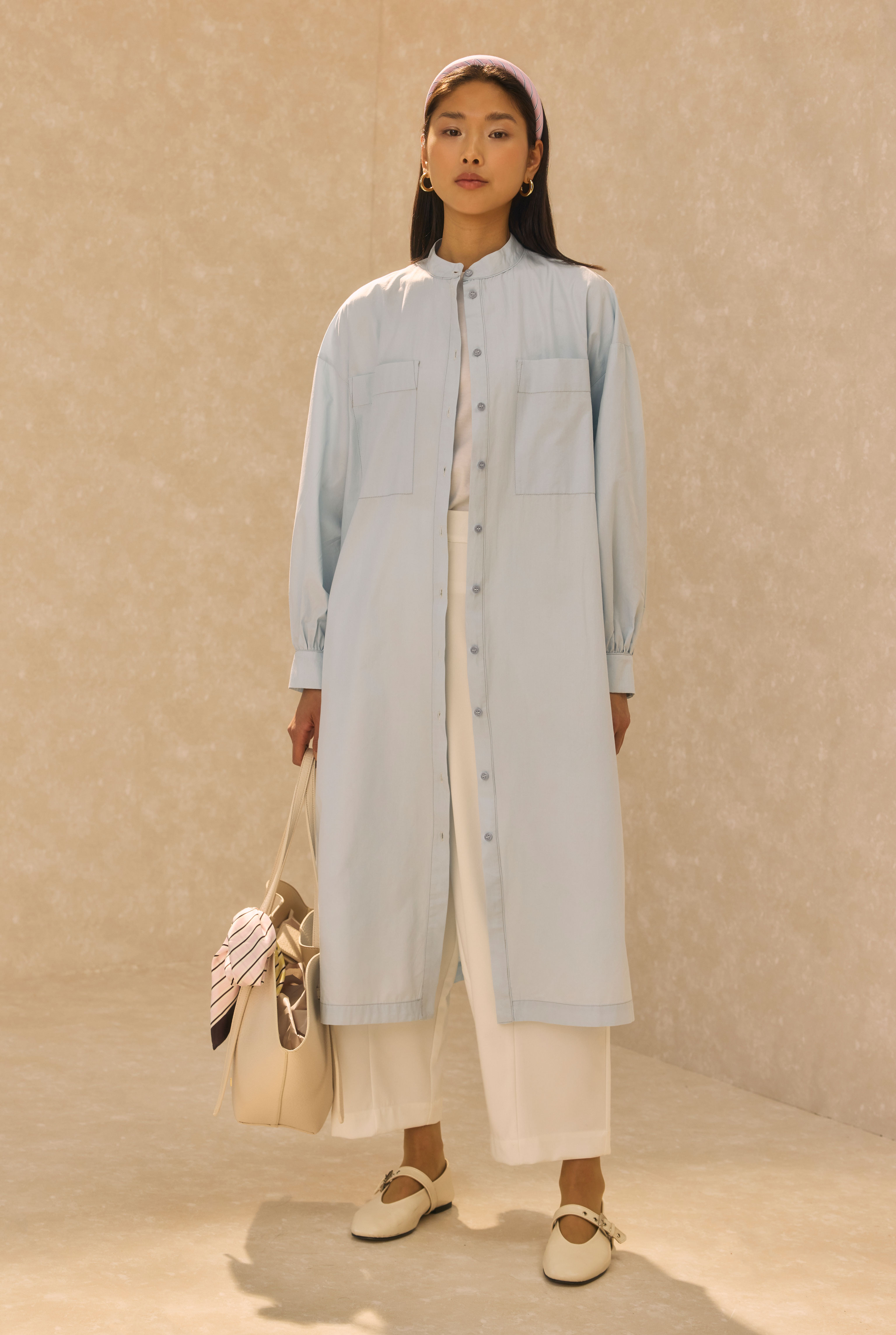 Mandarin Collar Long Tunic Ice Blue - 1