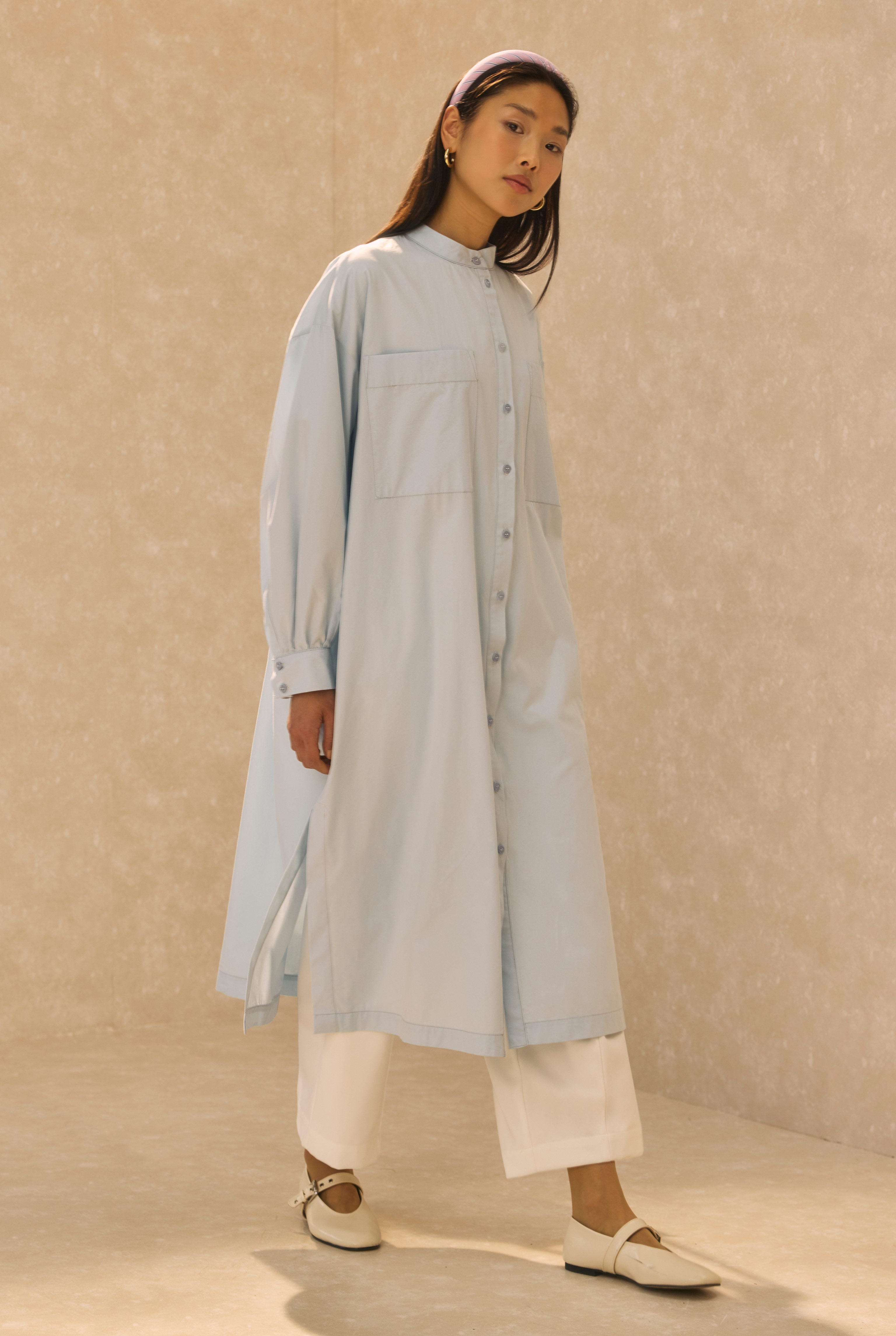 Mandarin Collar Long Tunic Ice Blue - 3
