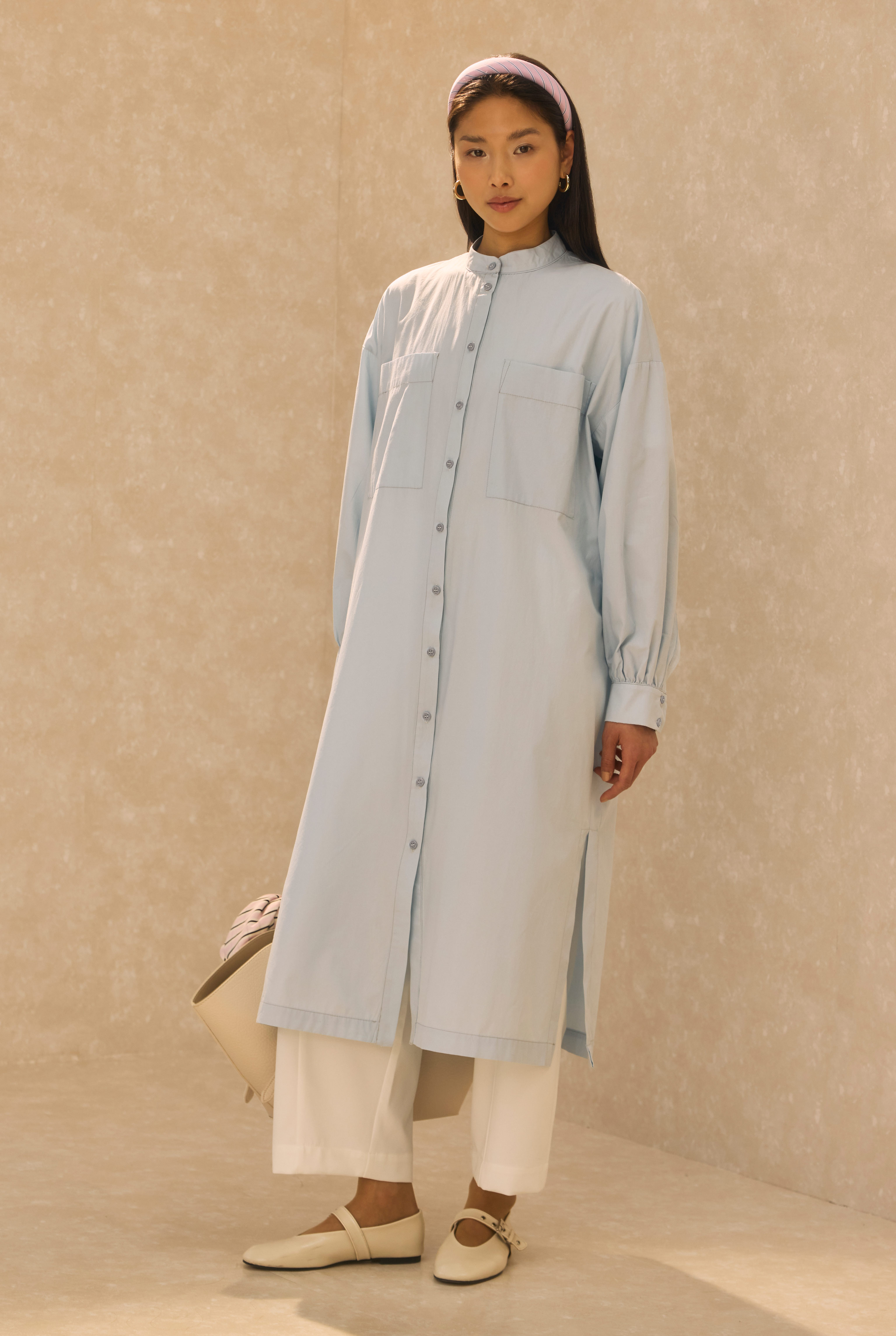 Mandarin Collar Long Tunic Ice Blue - 5
