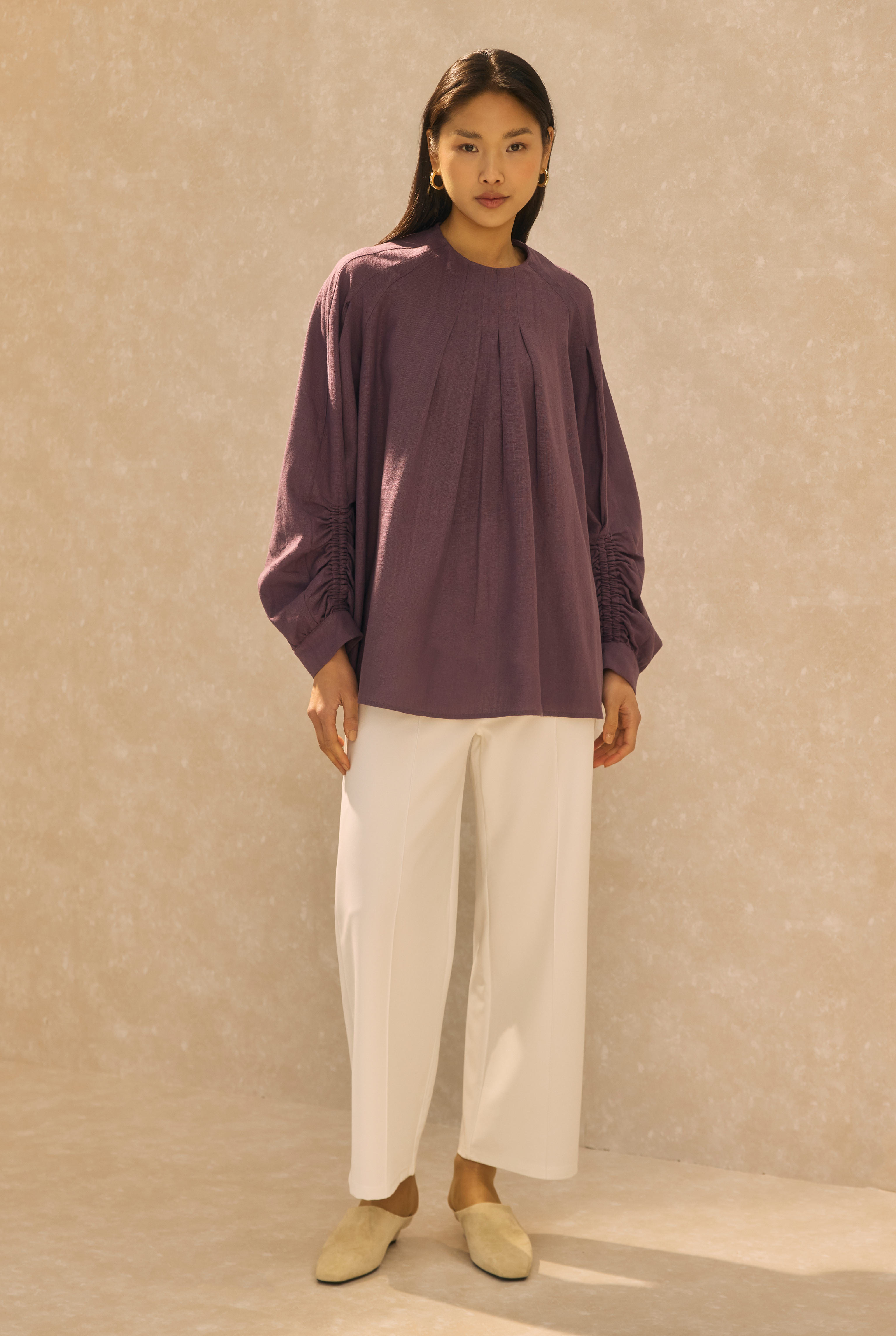 Ruched Sleeve Detailed Cotton Linen Shirt Retro Violet - 4