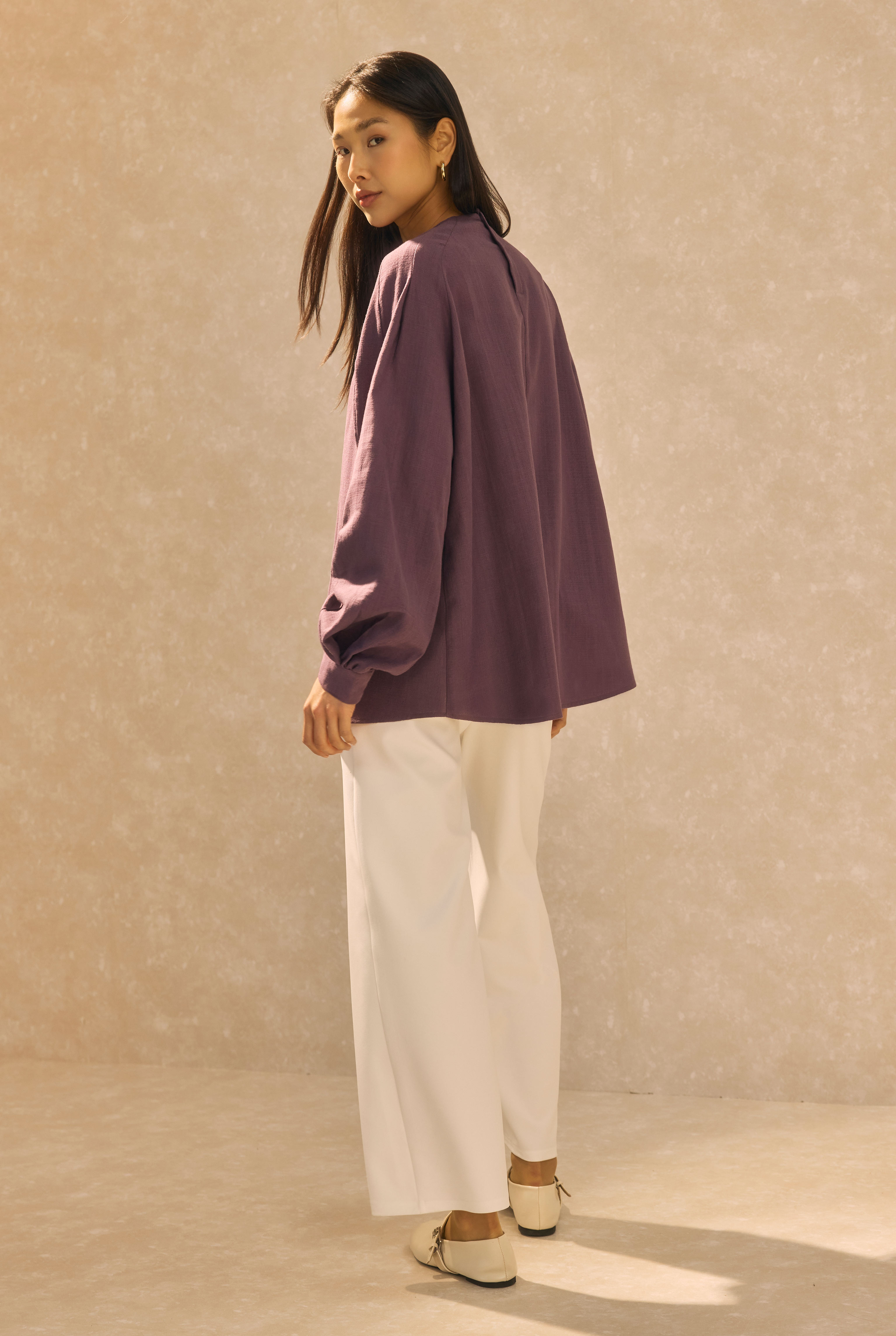 Ruched Sleeve Detailed Cotton Linen Shirt Retro Violet - 2