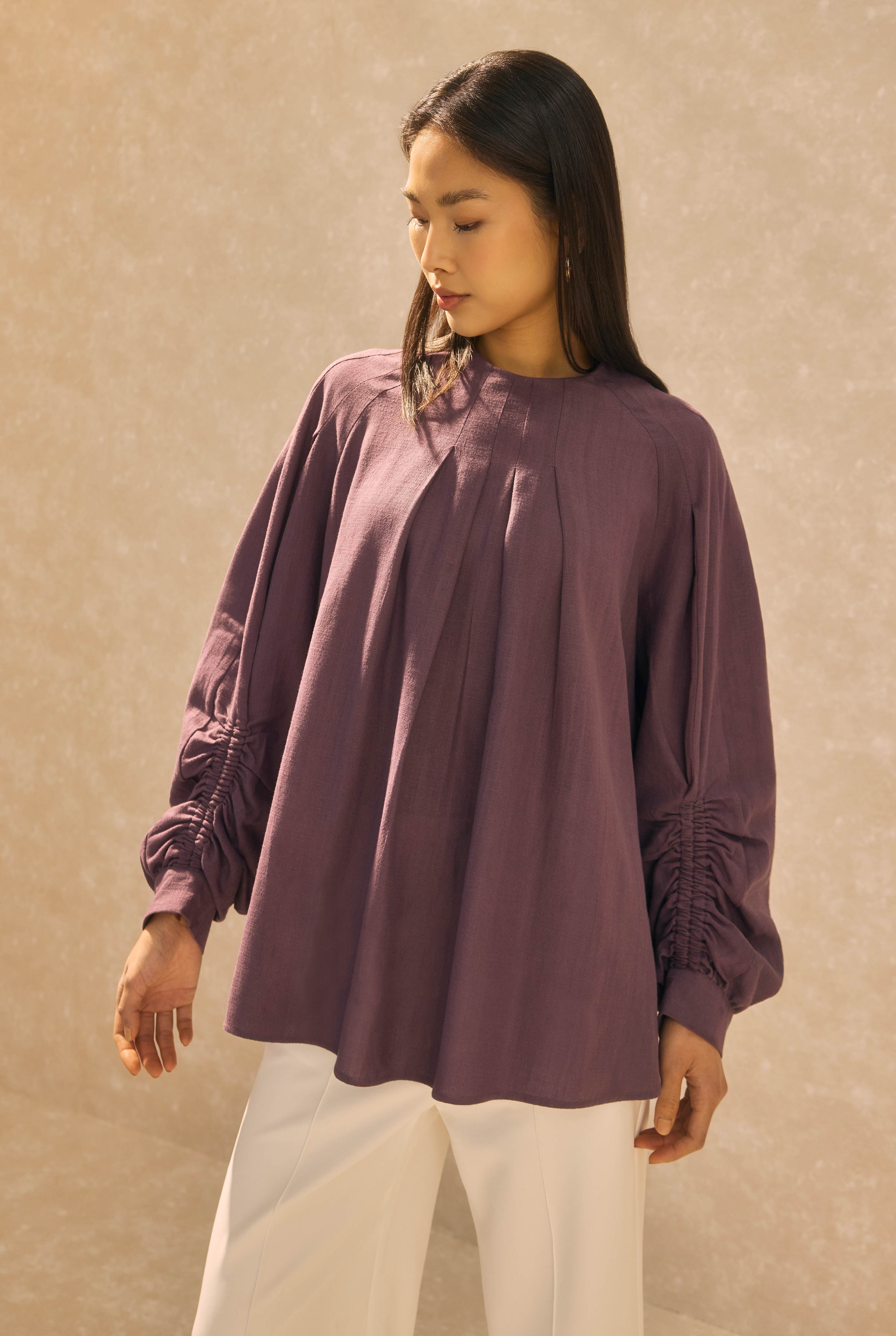 Ruched Sleeve Detailed Cotton Linen Shirt Retro Violet - 3