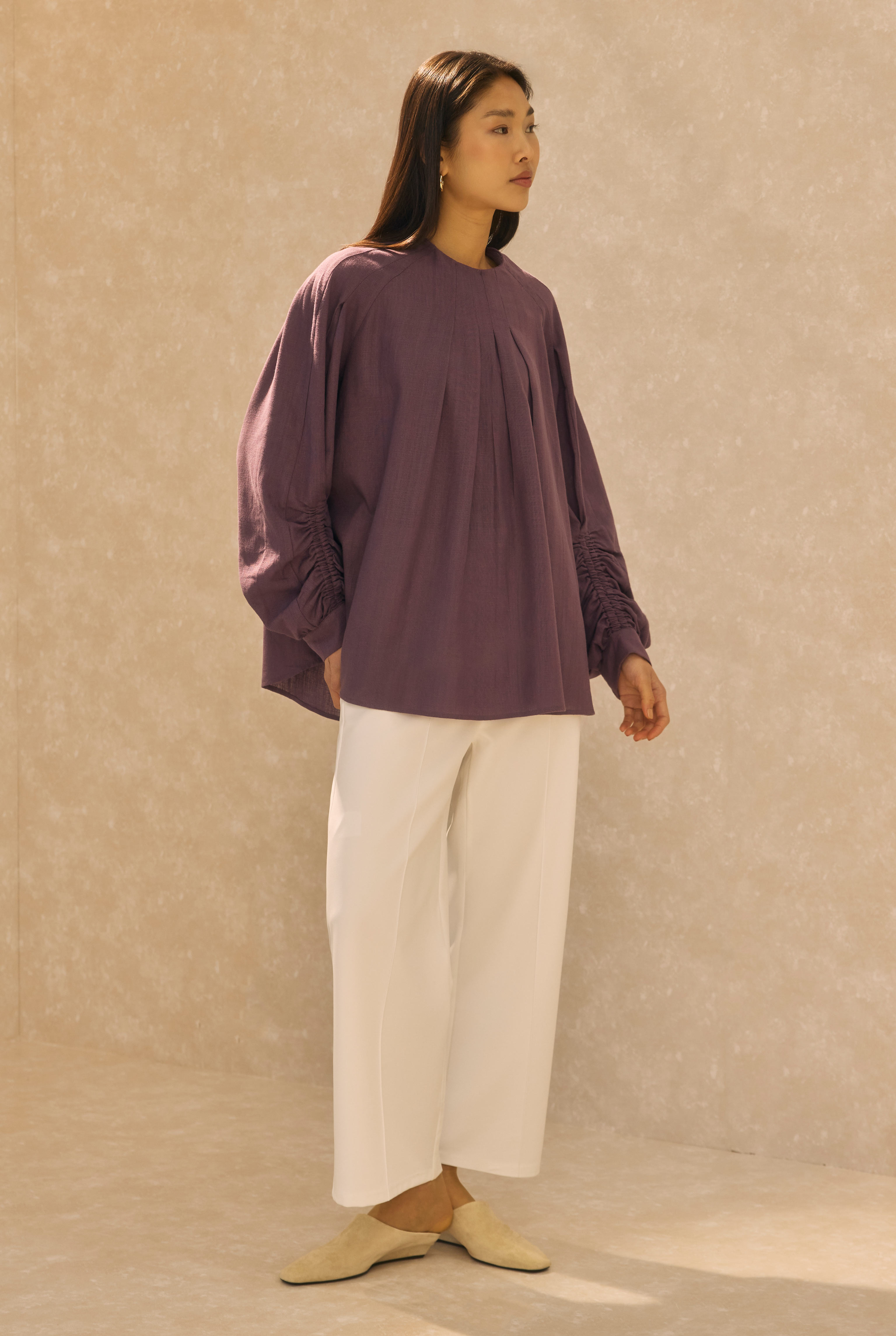 Ruched Sleeve Detailed Cotton Linen Shirt Retro Violet - 1